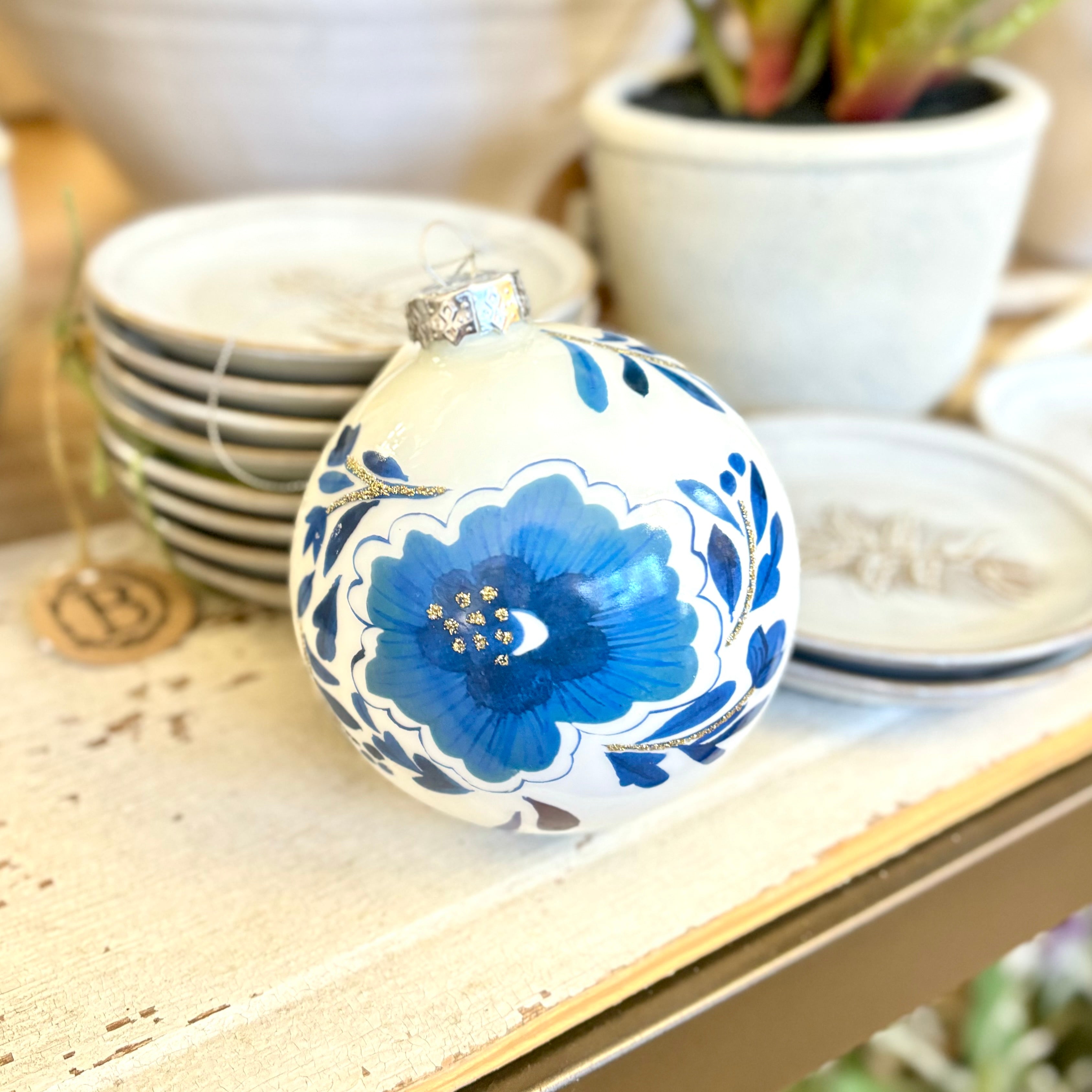 Flowering Chinoiserie Glass Ball Ornament Blue White