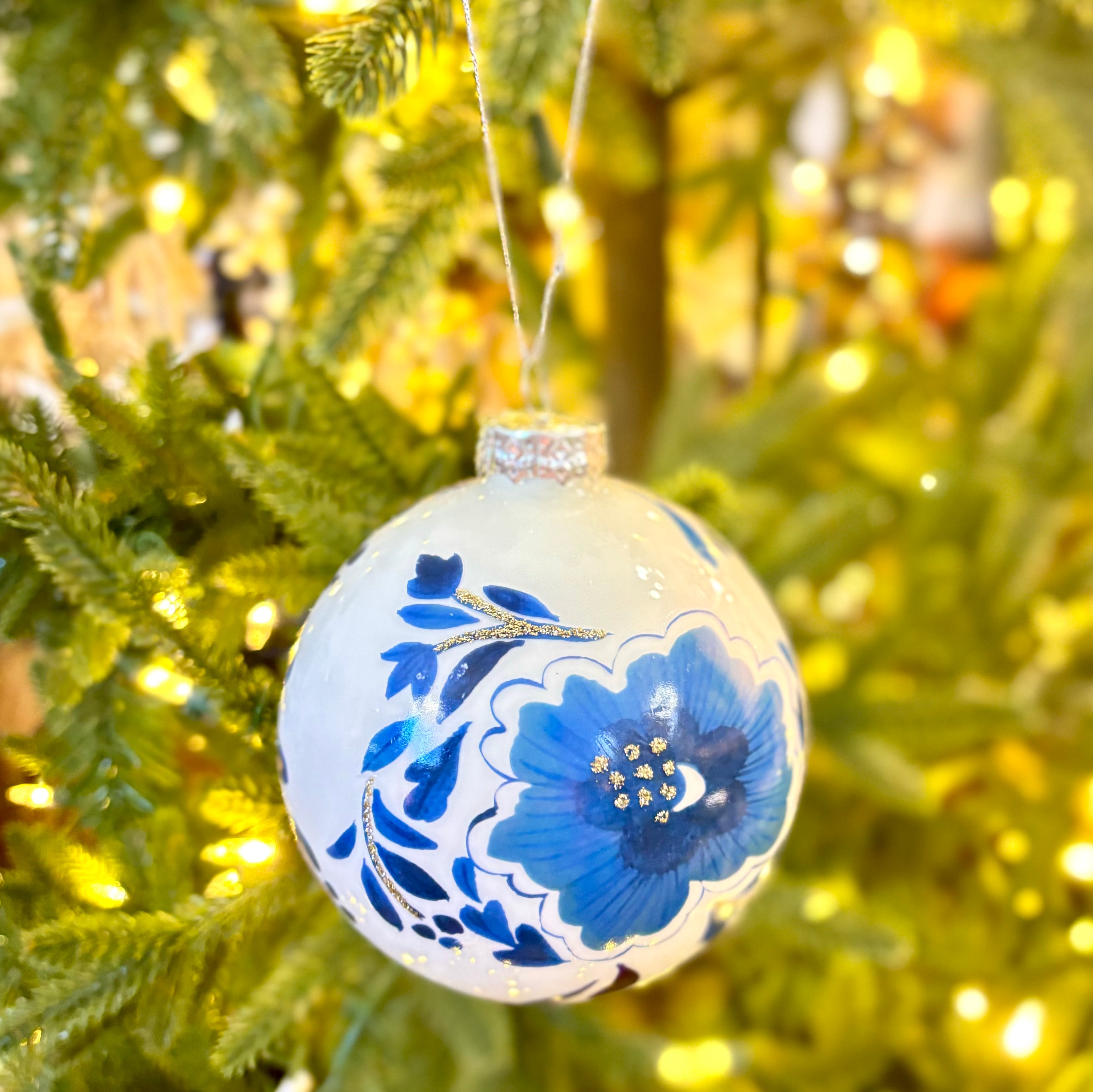 Flowering Chinoiserie Glass Ball Ornament Blue White