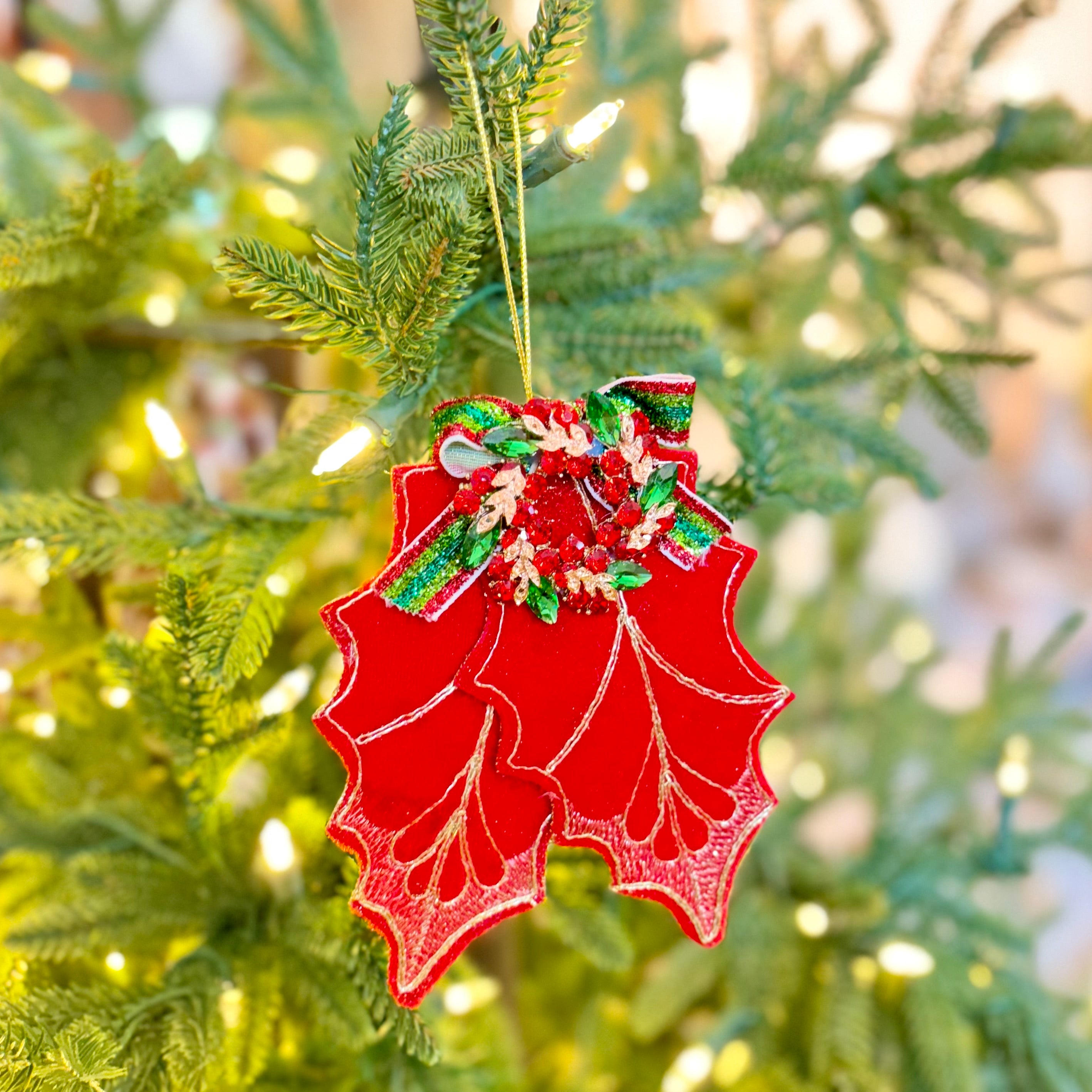 Fabric Red Holly Leaf with Jewel Ornament