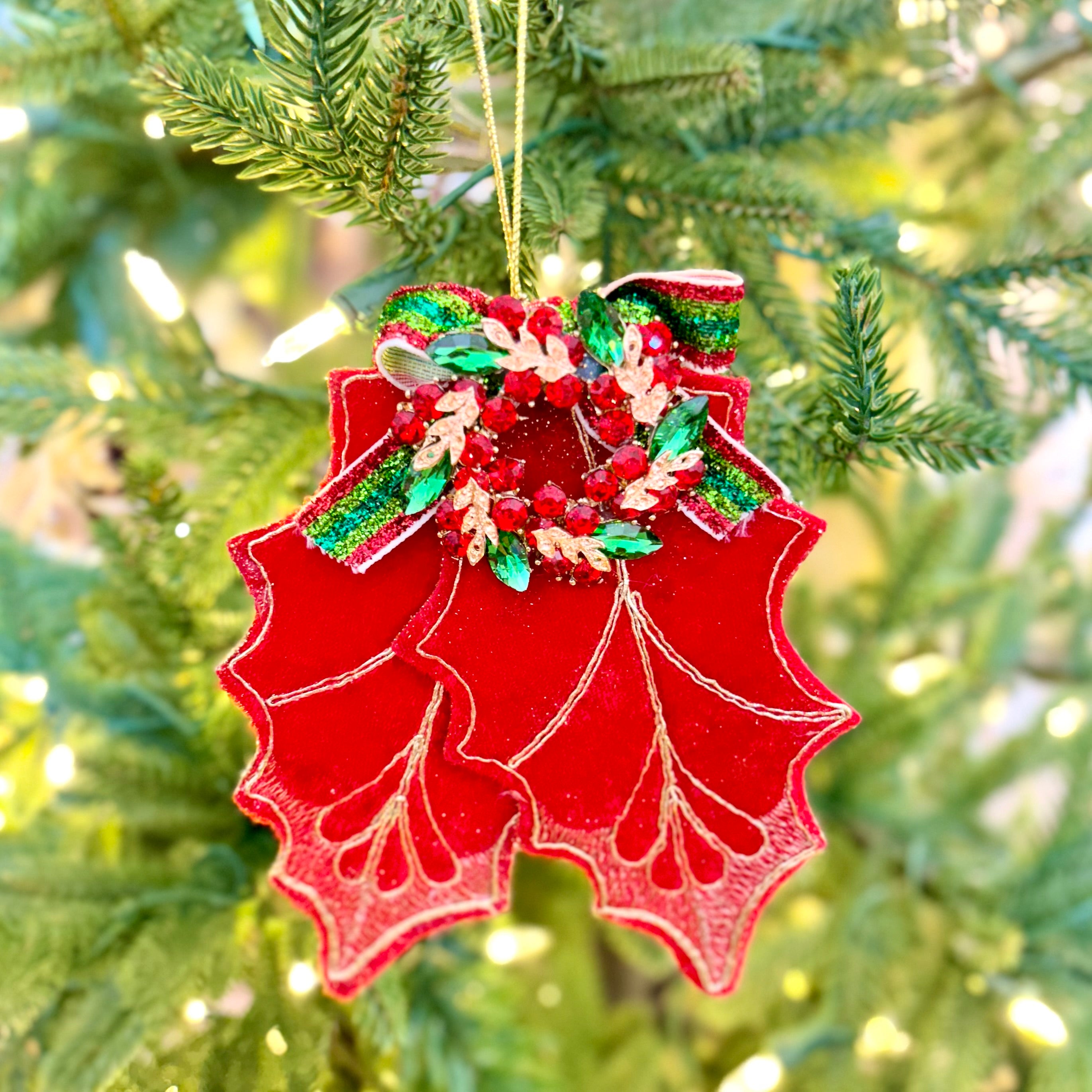 Fabric Red Holly Leaf with Jewel Ornament