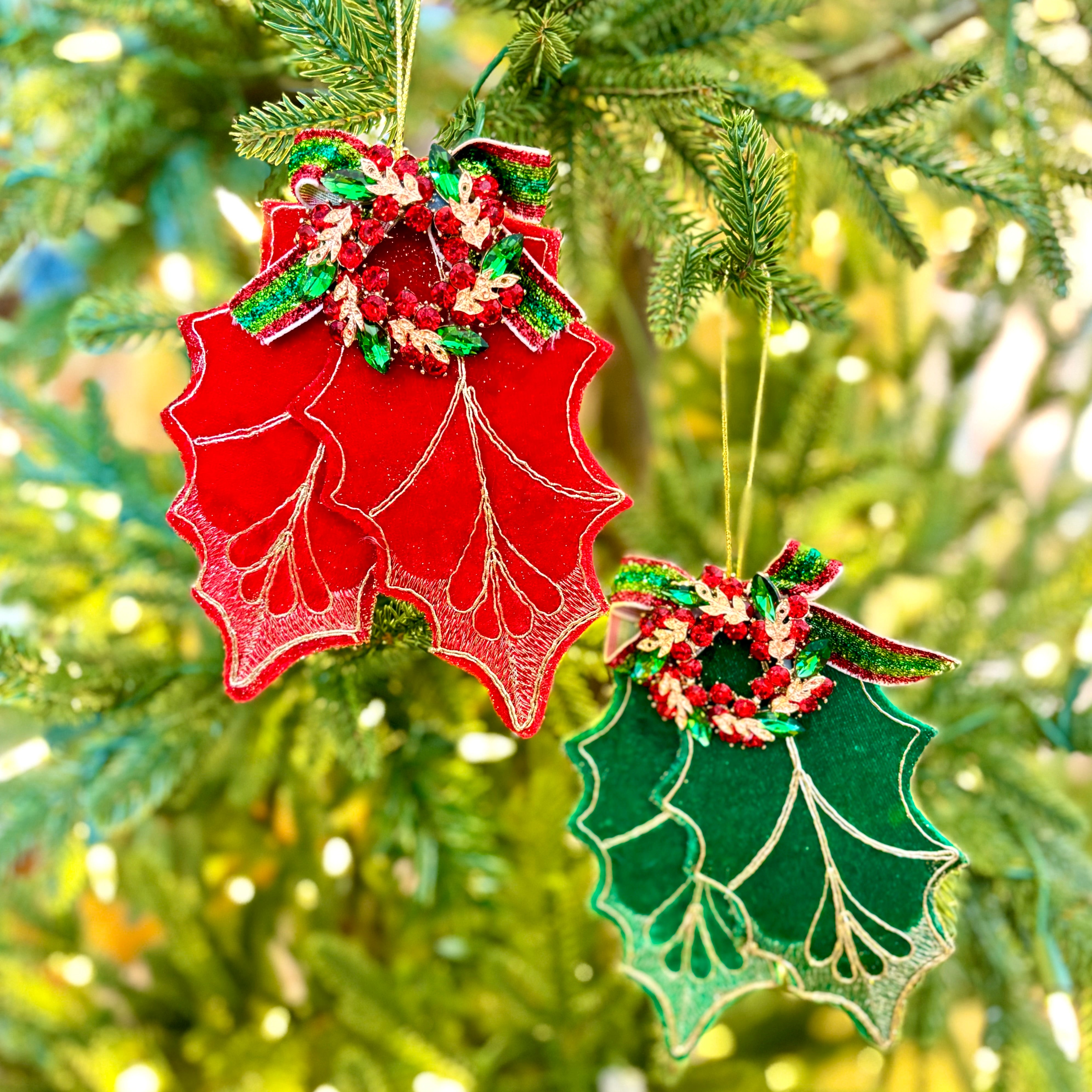 Fabric Red Holly Leaf with Jewel Ornament