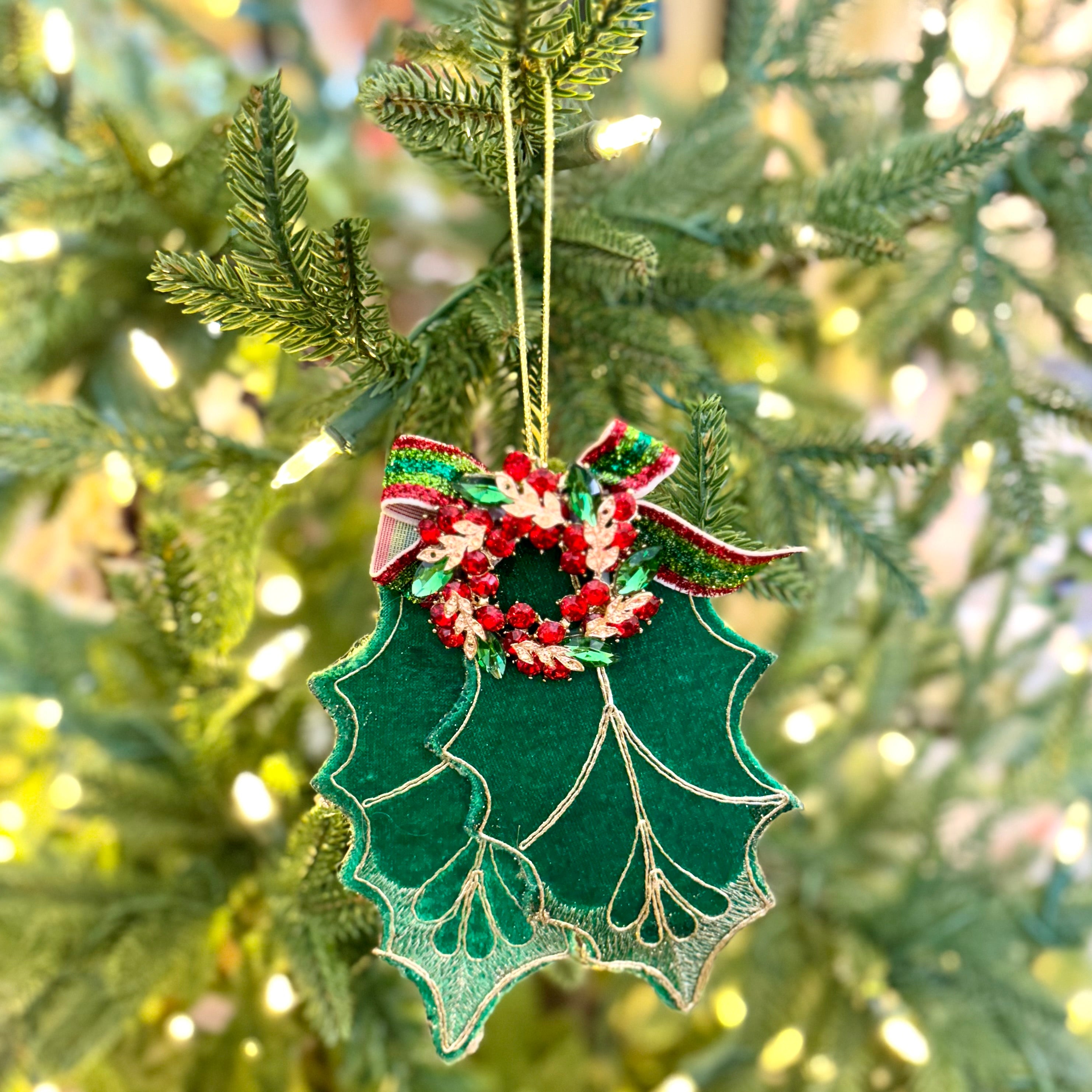 Fabric Green Holly Leaf with Jewel Ornament