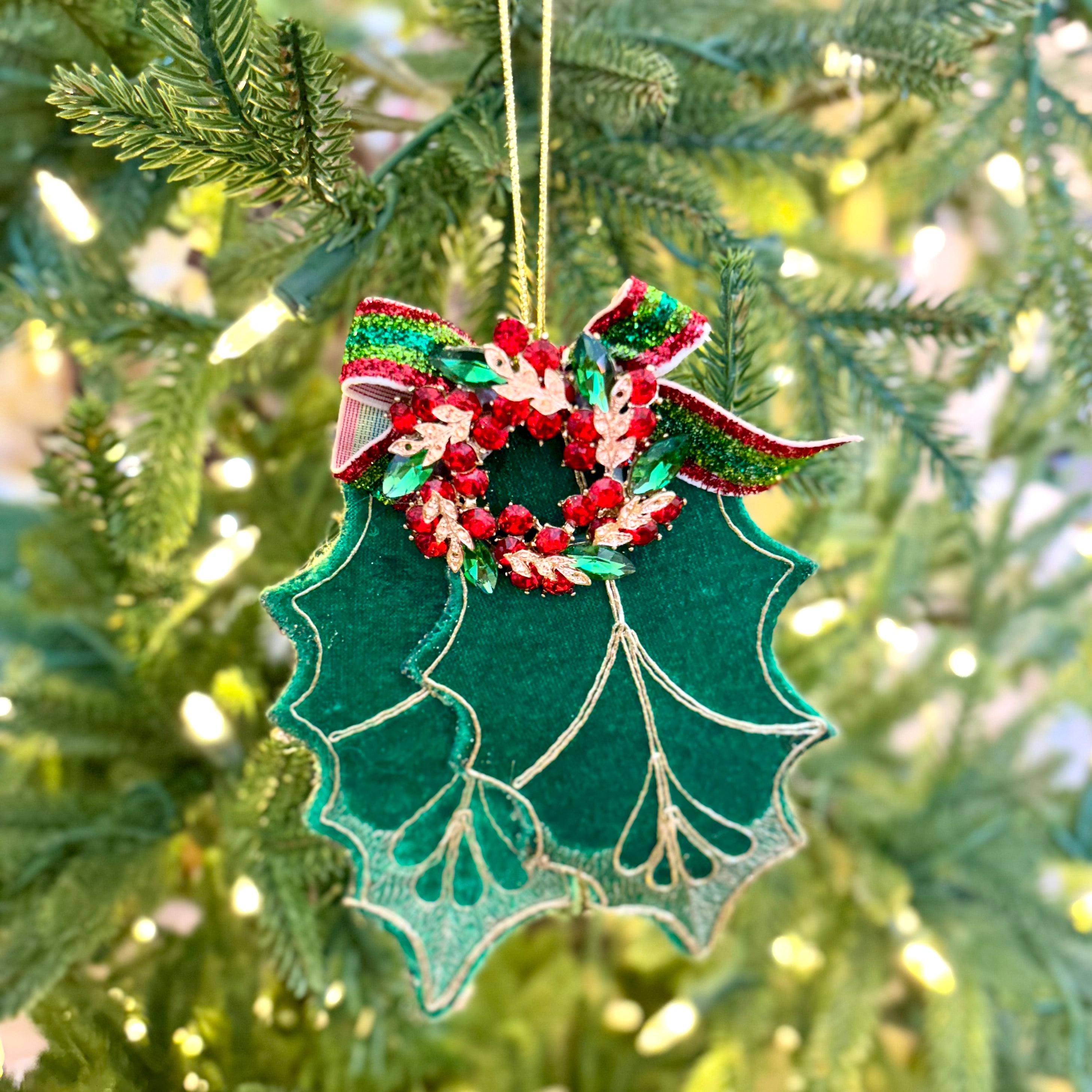 Fabric Green Holly Leaf with Jewel Ornament