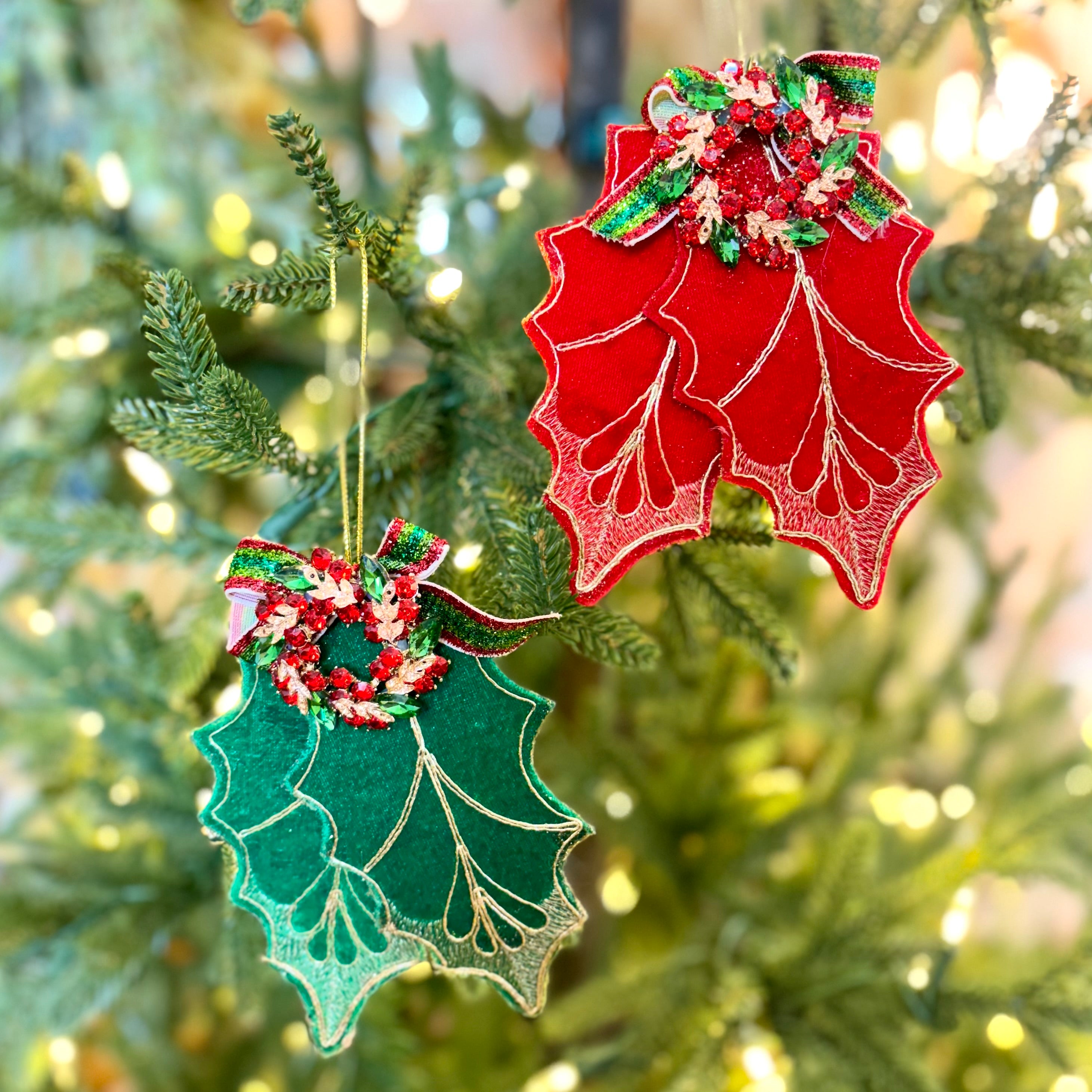 Fabric Green Holly Leaf with Jewel Ornament