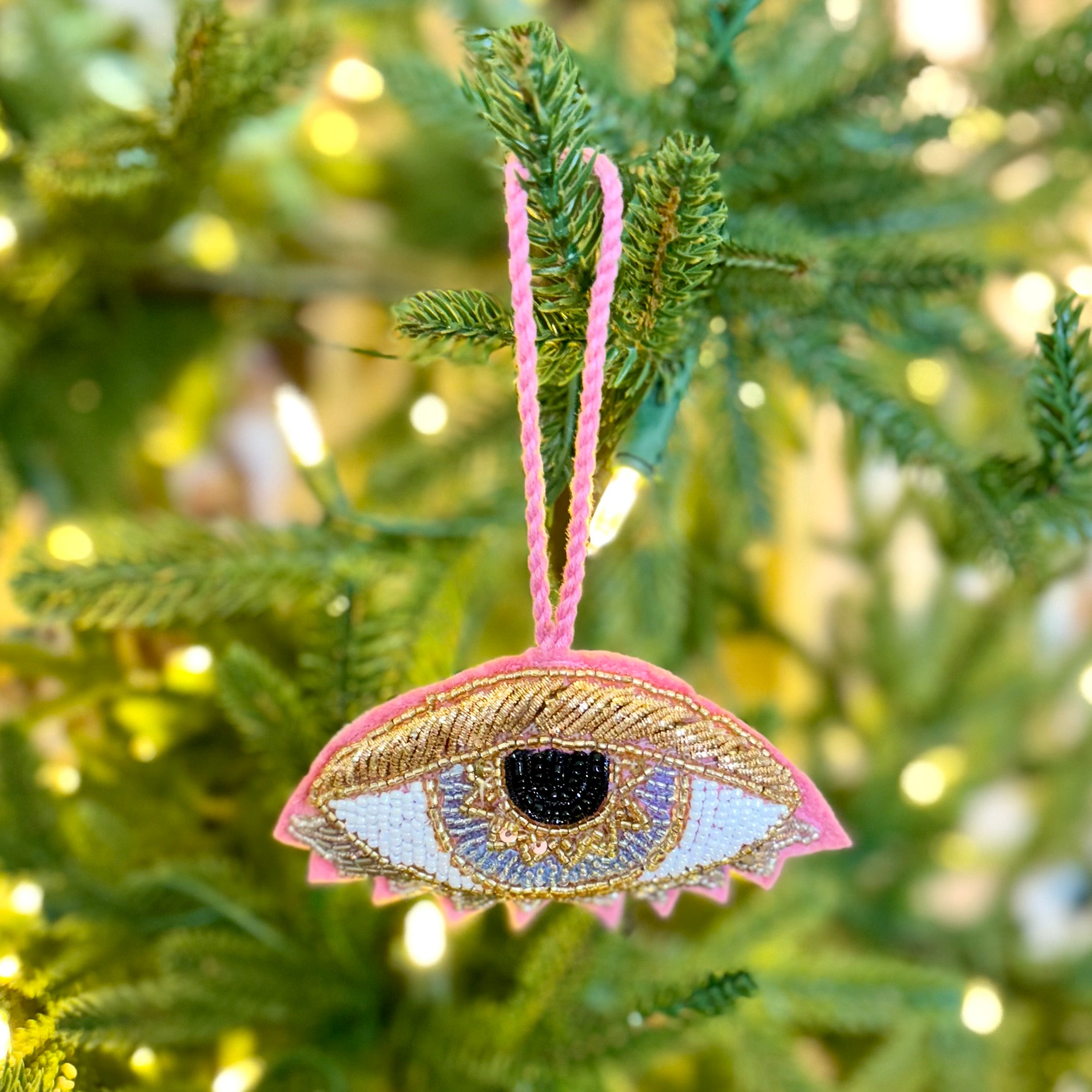 Felt Tinsel Beaded Evil Eye Pink