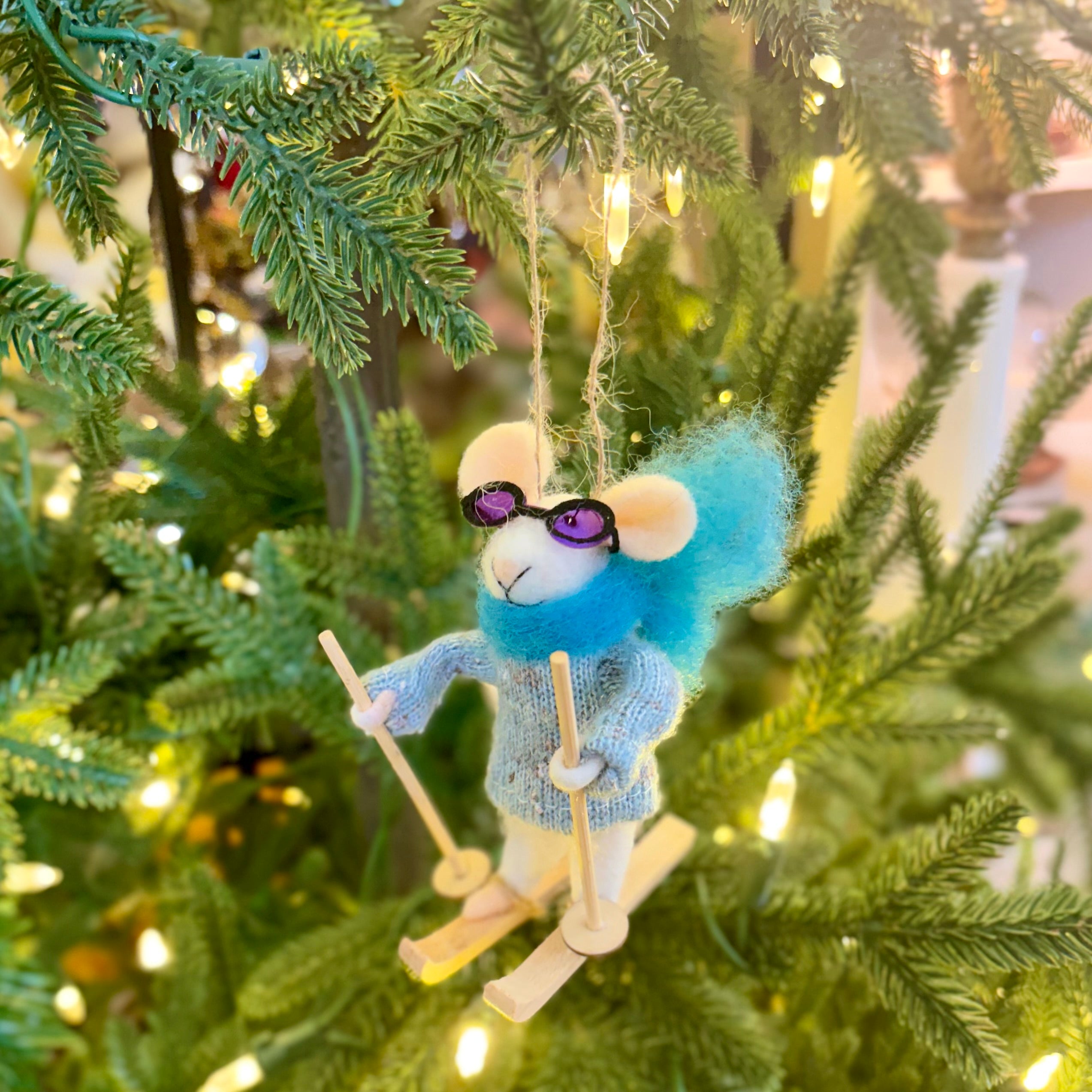 Felt Skier Mouse with Goggles, Blue Scarf and Sweater Ornament