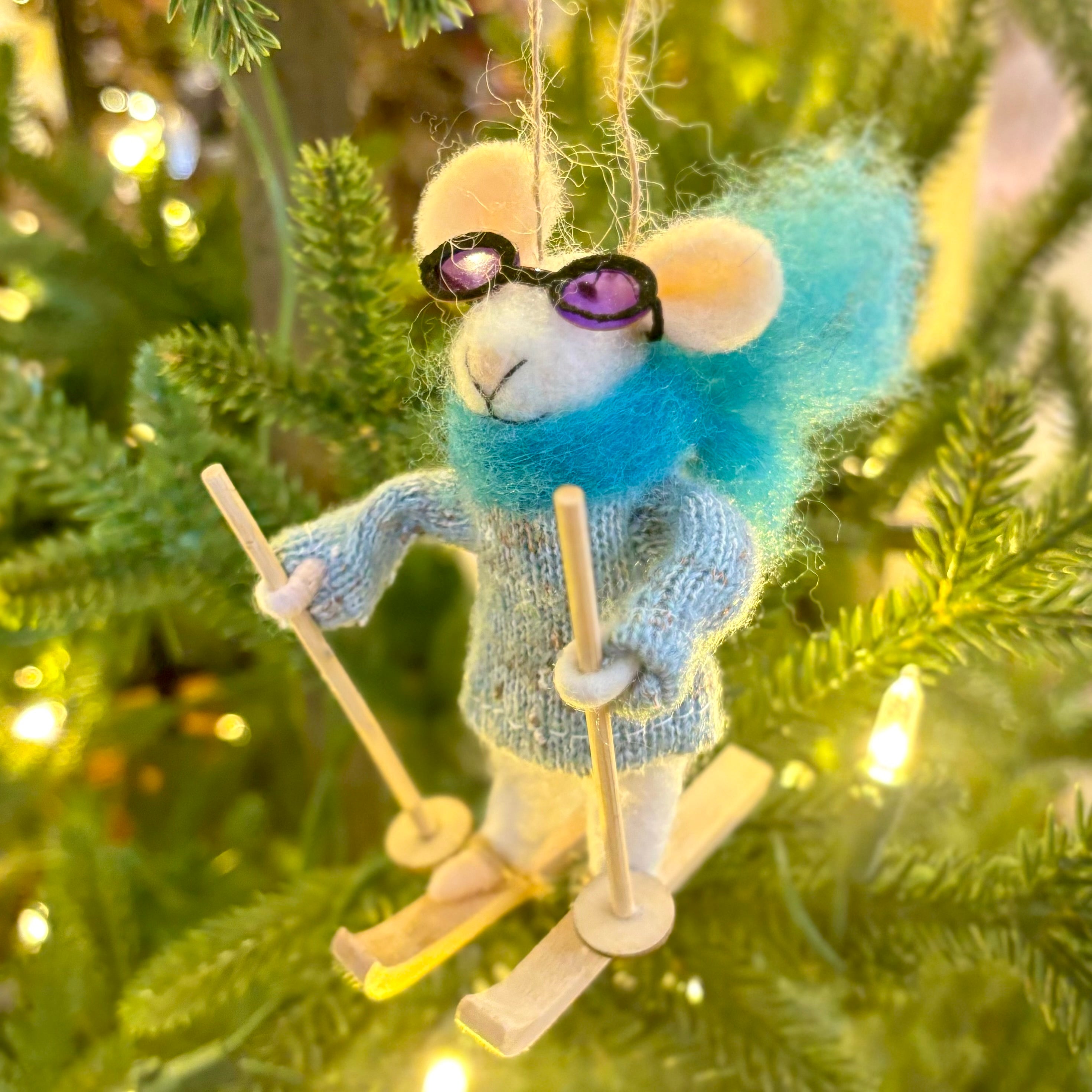 Felt Skier Mouse with Goggles, Blue Scarf and Sweater Ornament