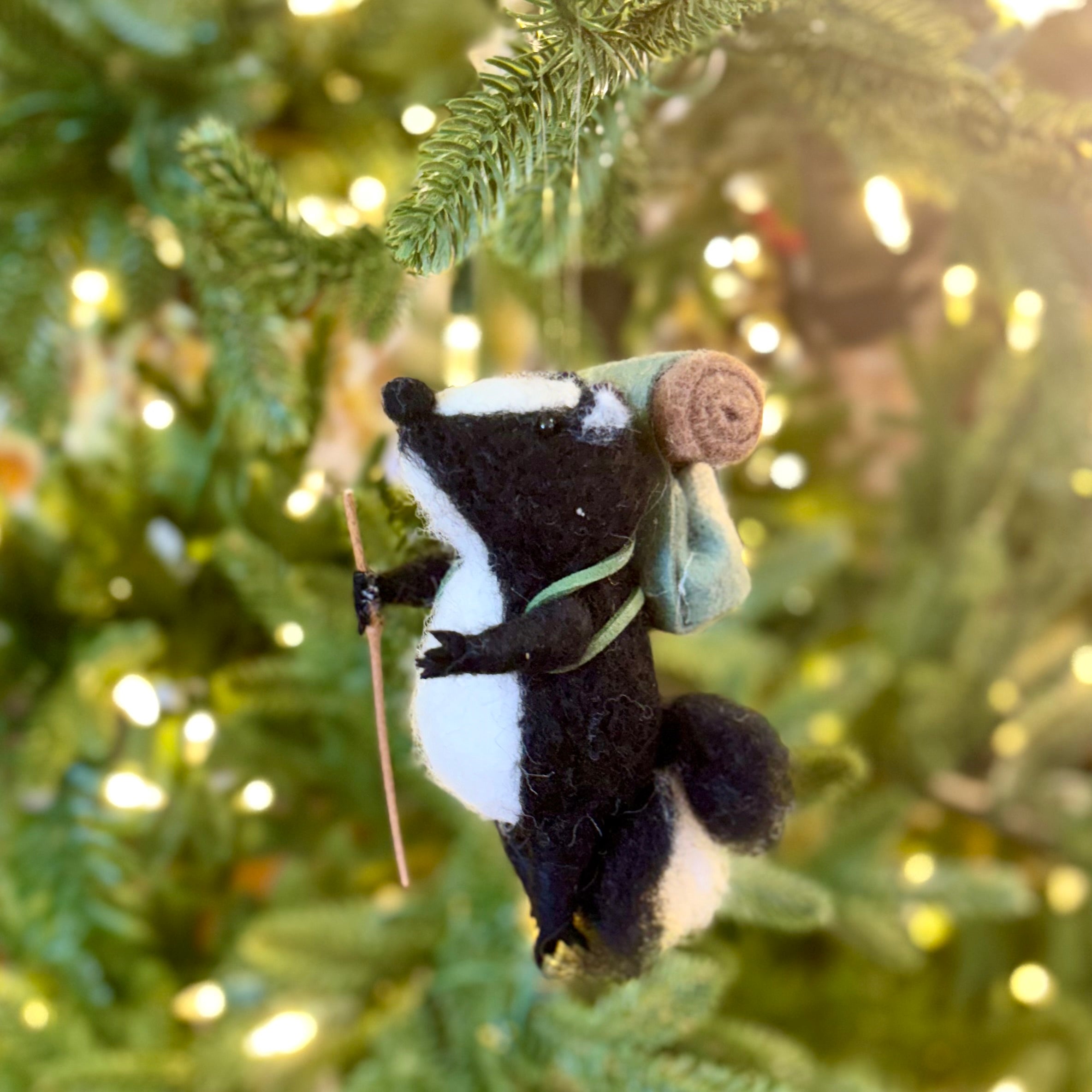 Felt Hiking Badger with Walking Stick and Backpack Ornament