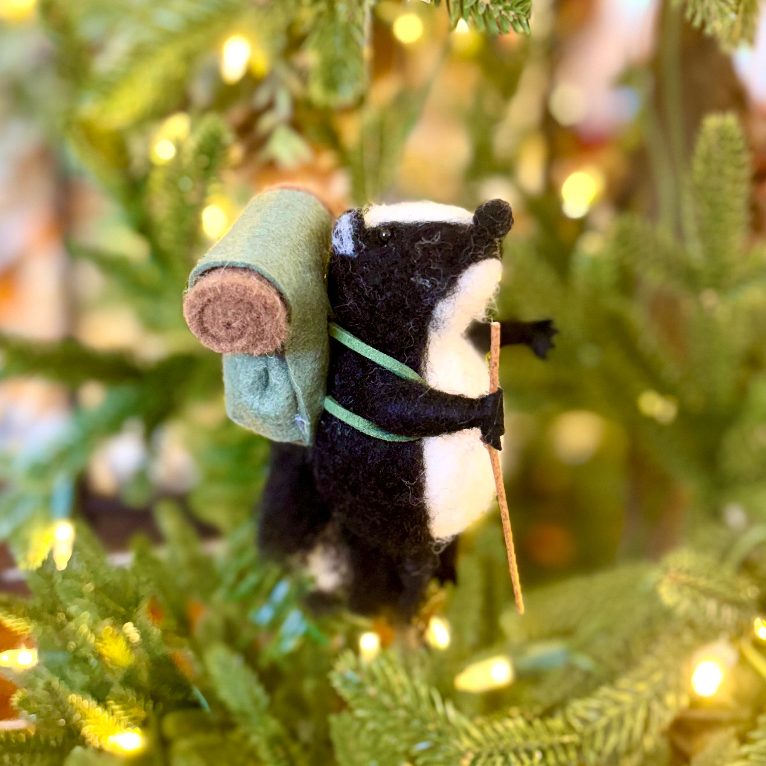 Felt Hiking Badger with Walking Stick and Backpack Ornament