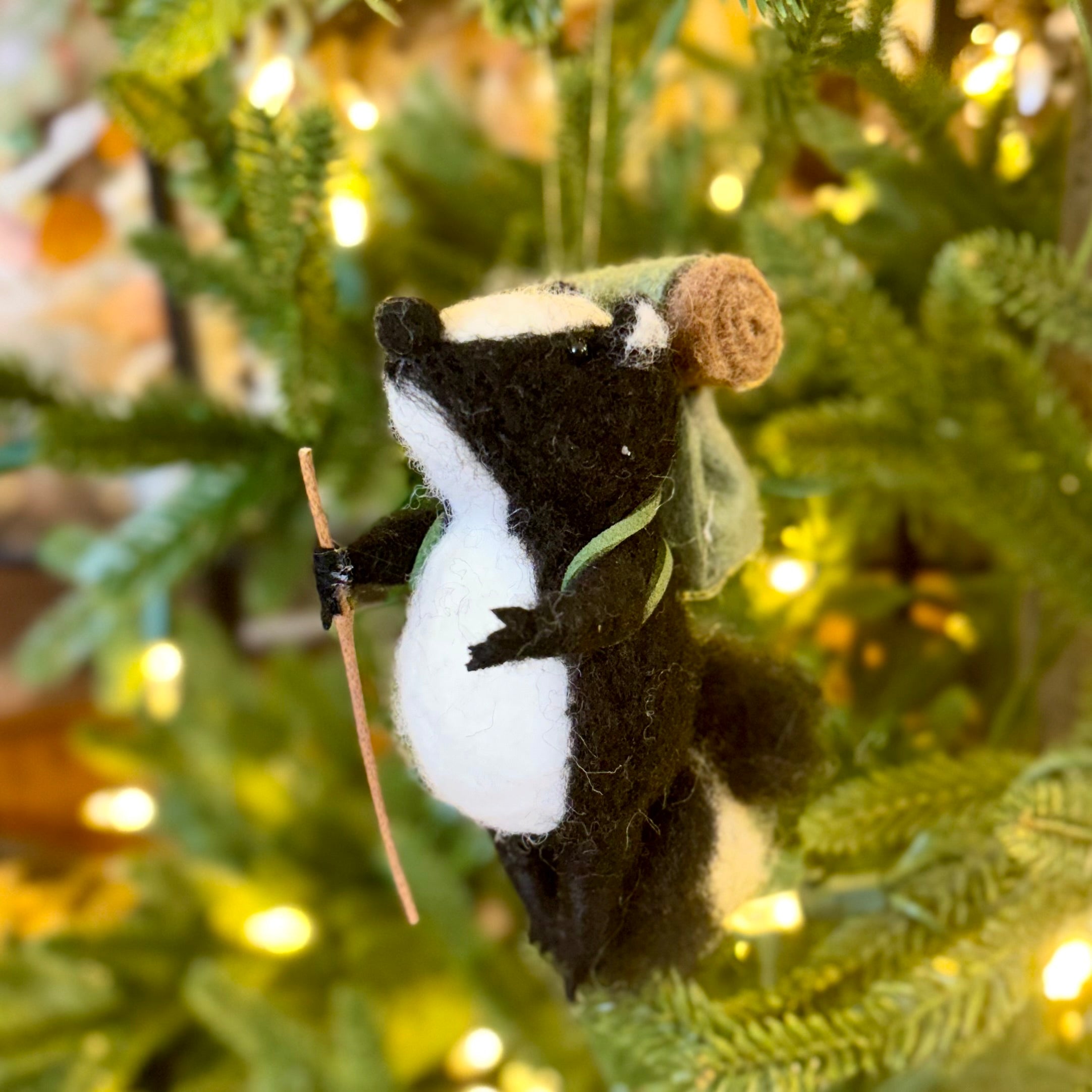 Felt Hiking Badger with Walking Stick and Backpack Ornament