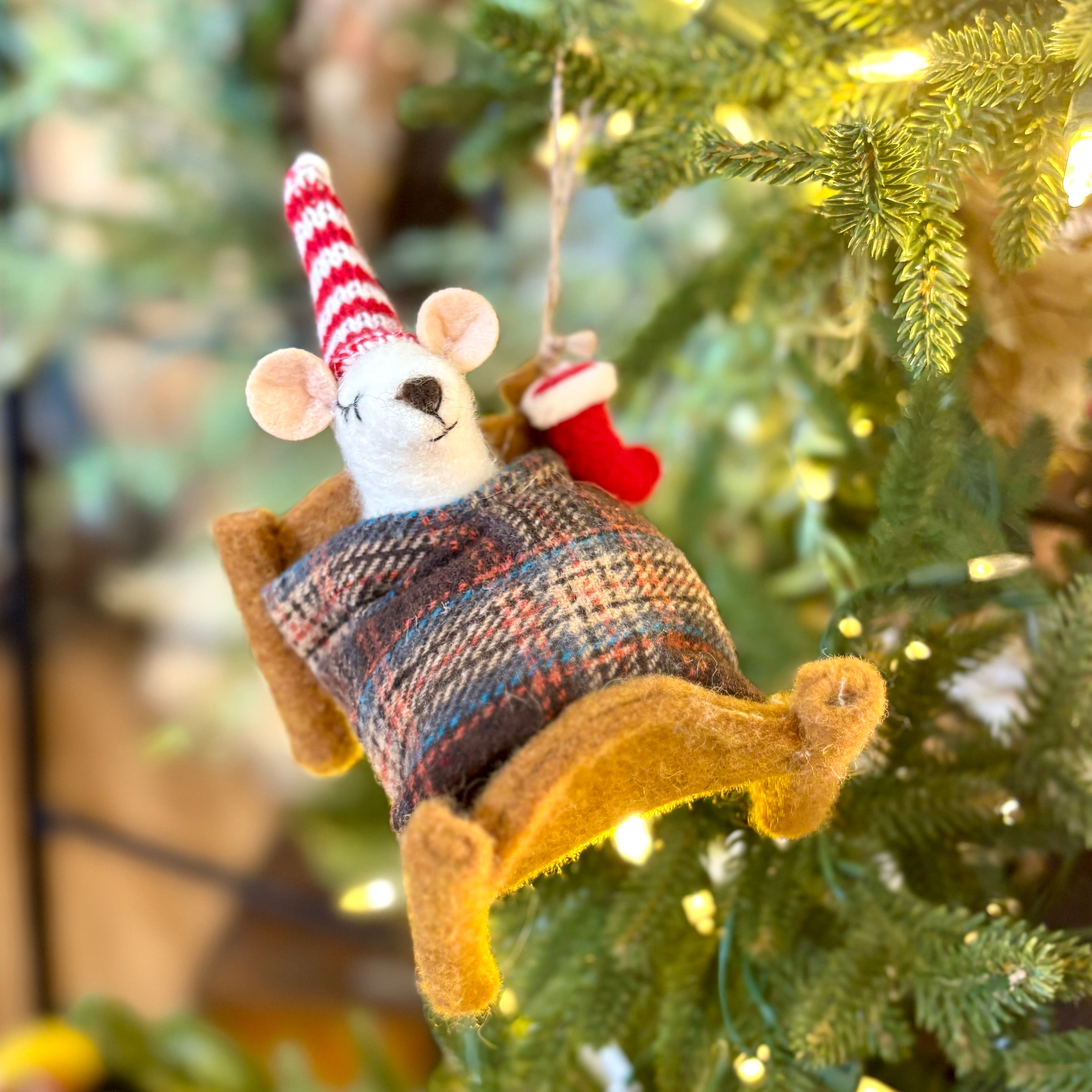 Felt Christmas Mouse Tucked in Bed Ornament