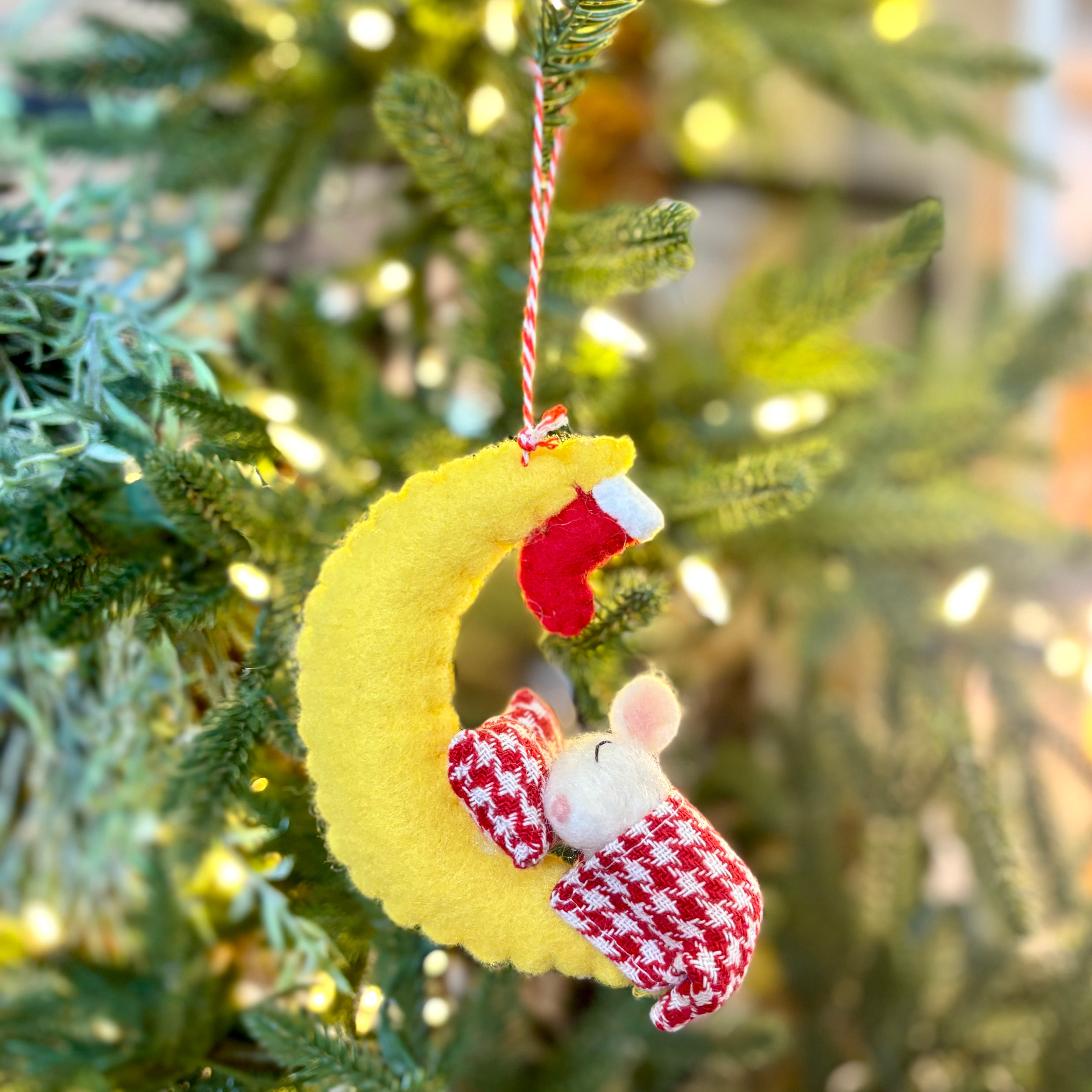 Felt Mouse Under Crescent Moon Ornament