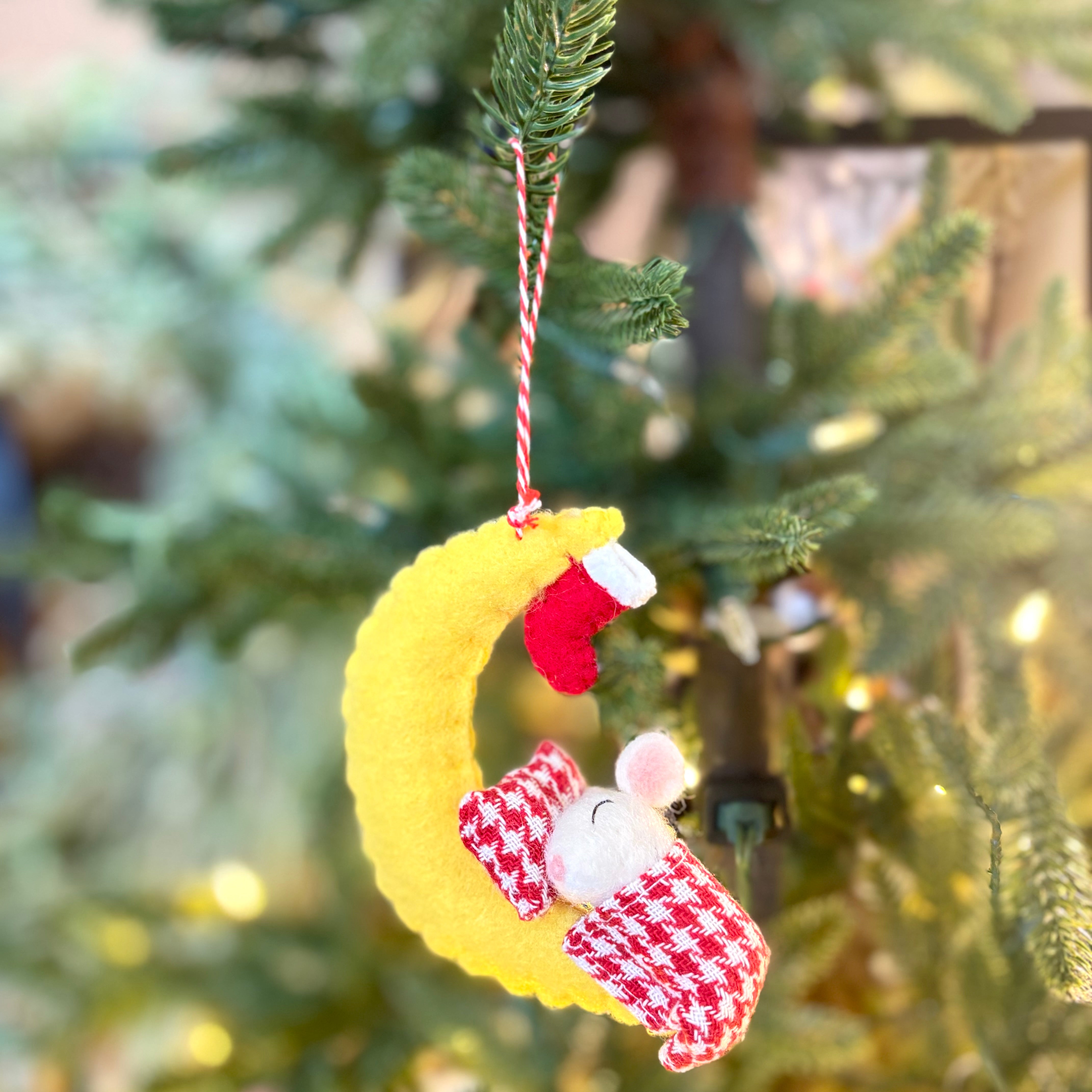 Felt Mouse Under Crescent Moon Ornament