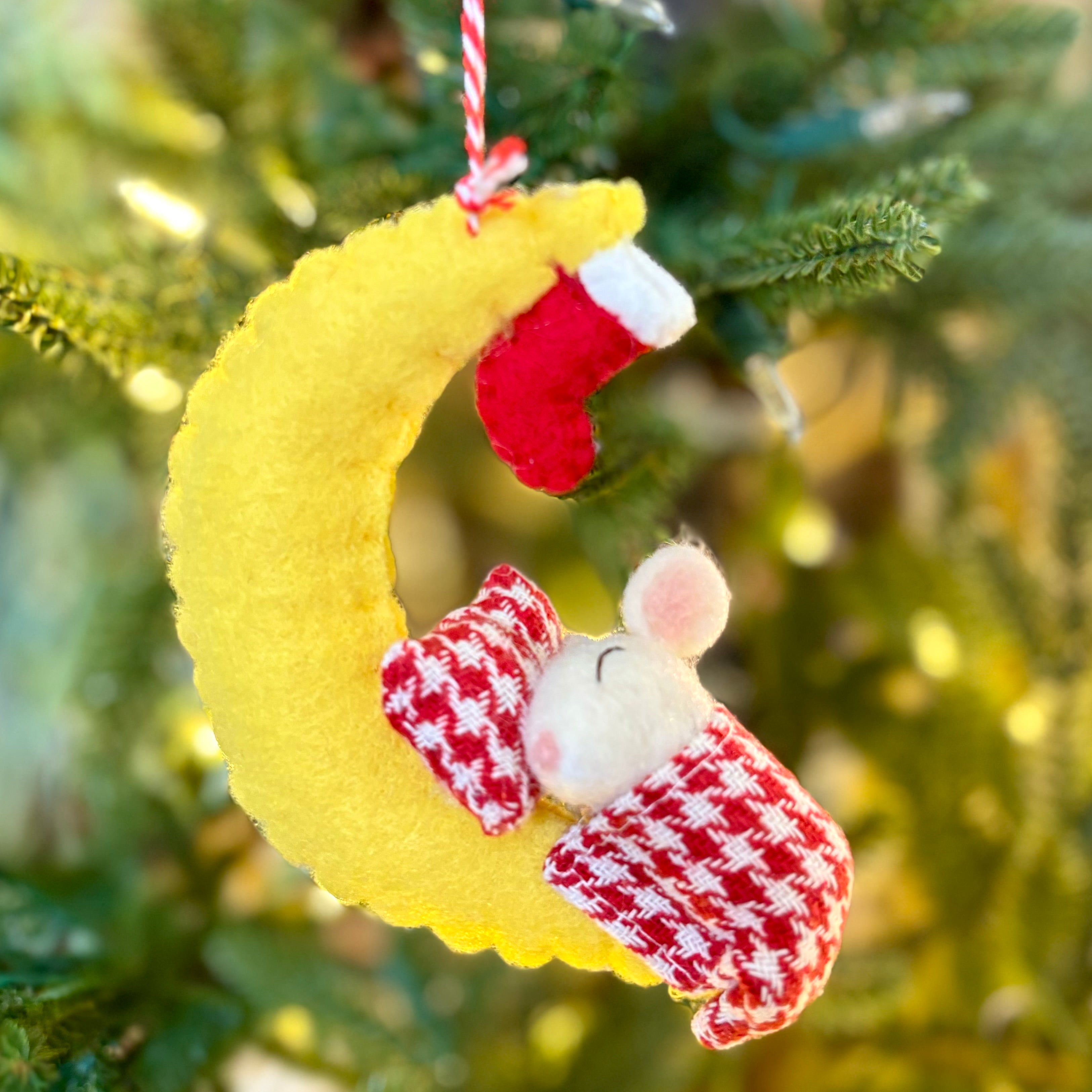 Felt Mouse Under Crescent Moon Ornament