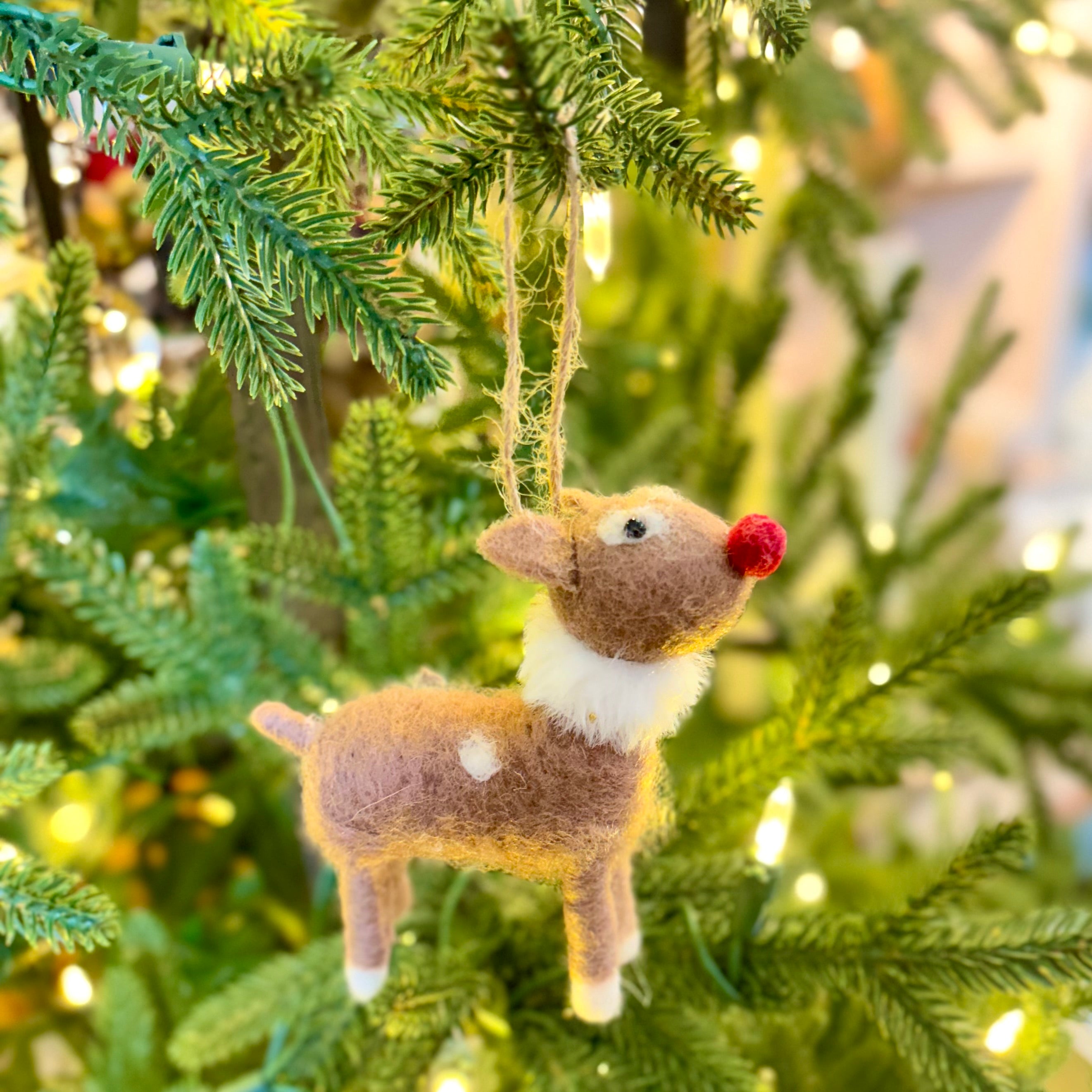 Felt Reindeer with Red Nose and Spots Ornament