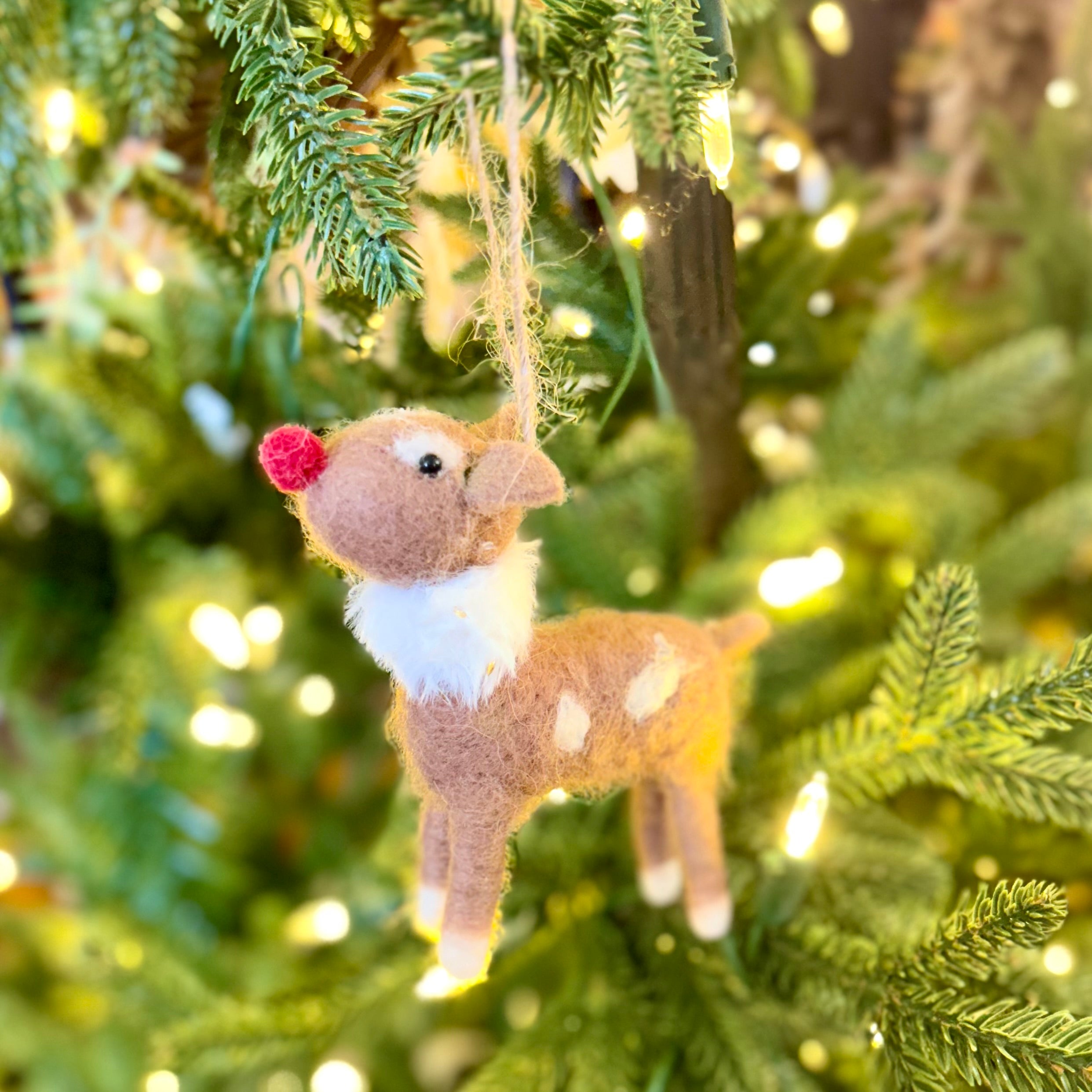 Felt Reindeer with Red Nose and Spots Ornament