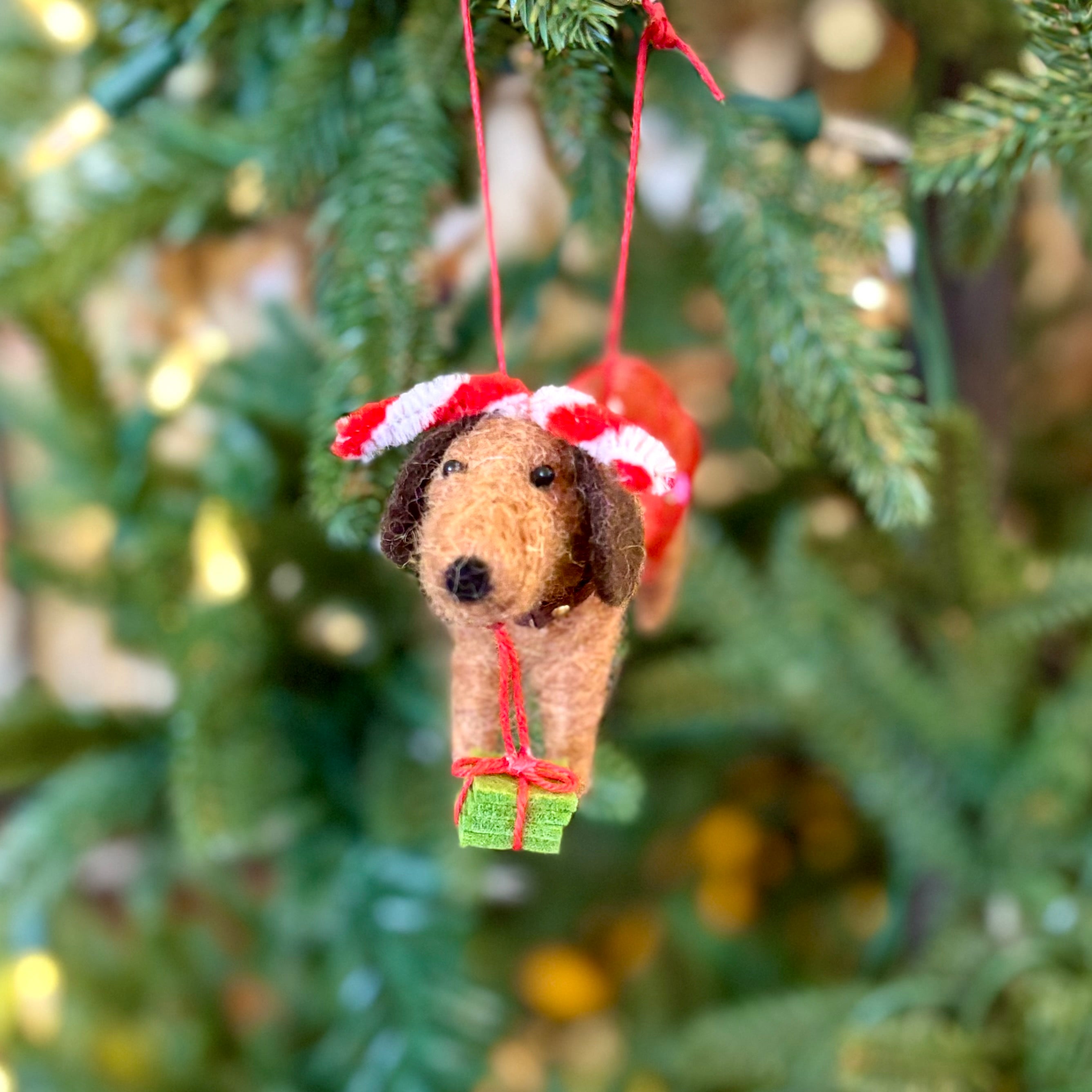 Felt Brown Dachshund with Tutu and Presents Ornament