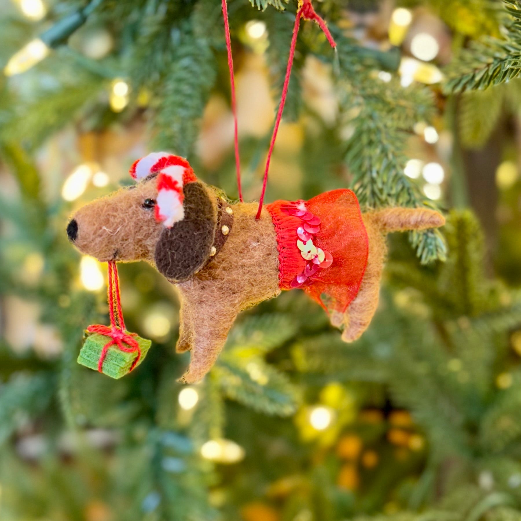 Felt Brown Dachshund with Tutu and Presents Ornament