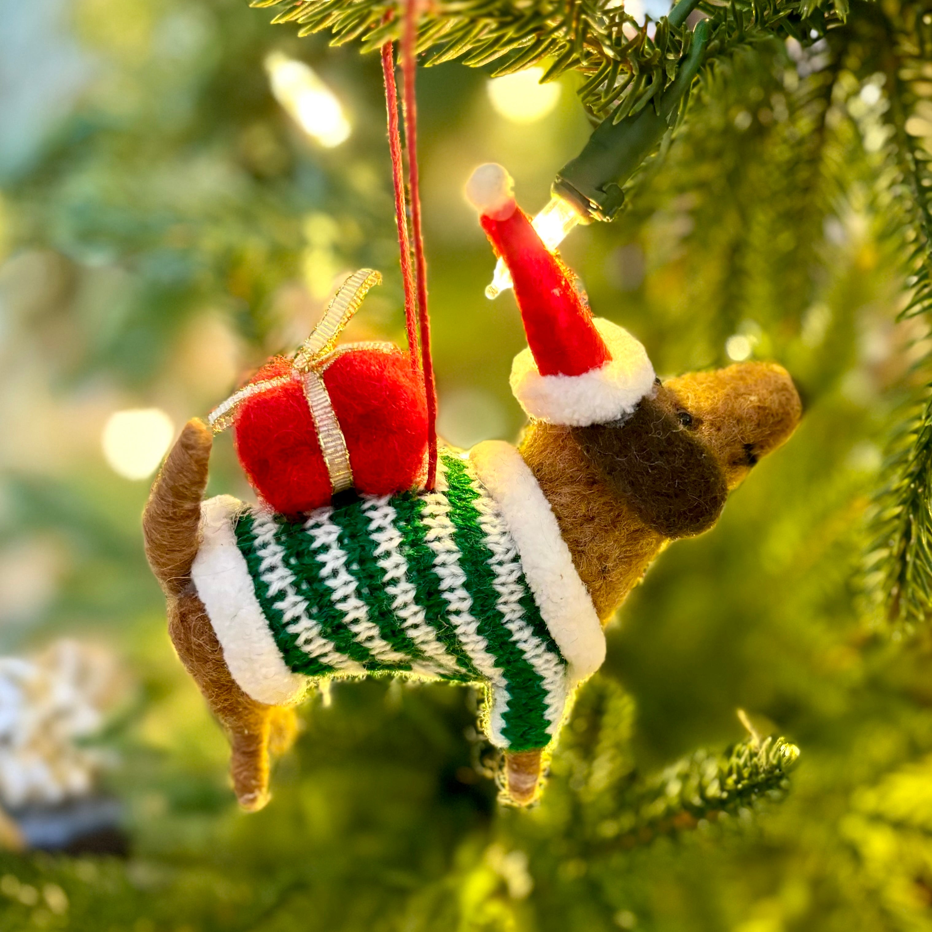 Felt Brown Dachshund with Sweater and Presents Ornament