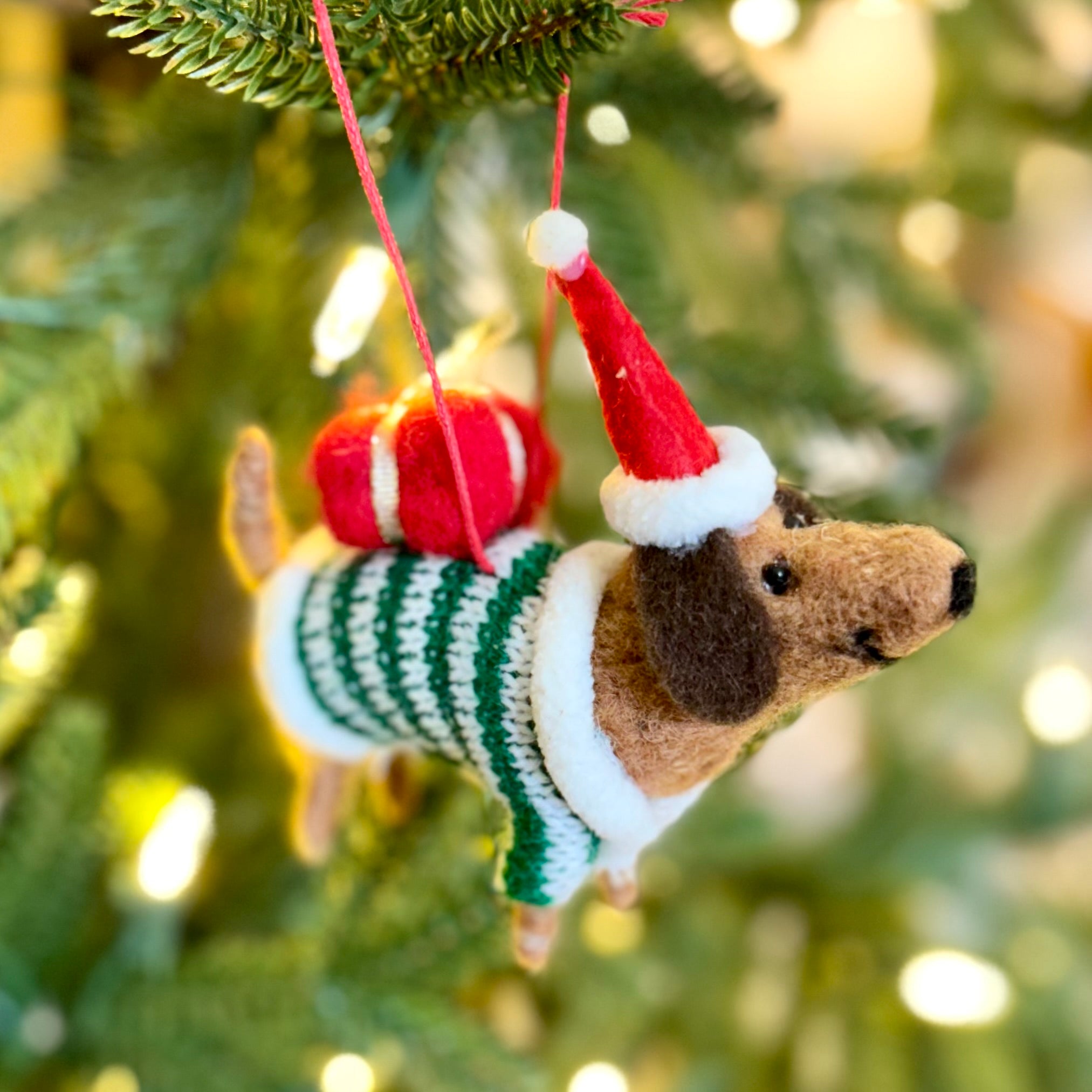 Felt Brown Dachshund with Sweater and Presents Ornament