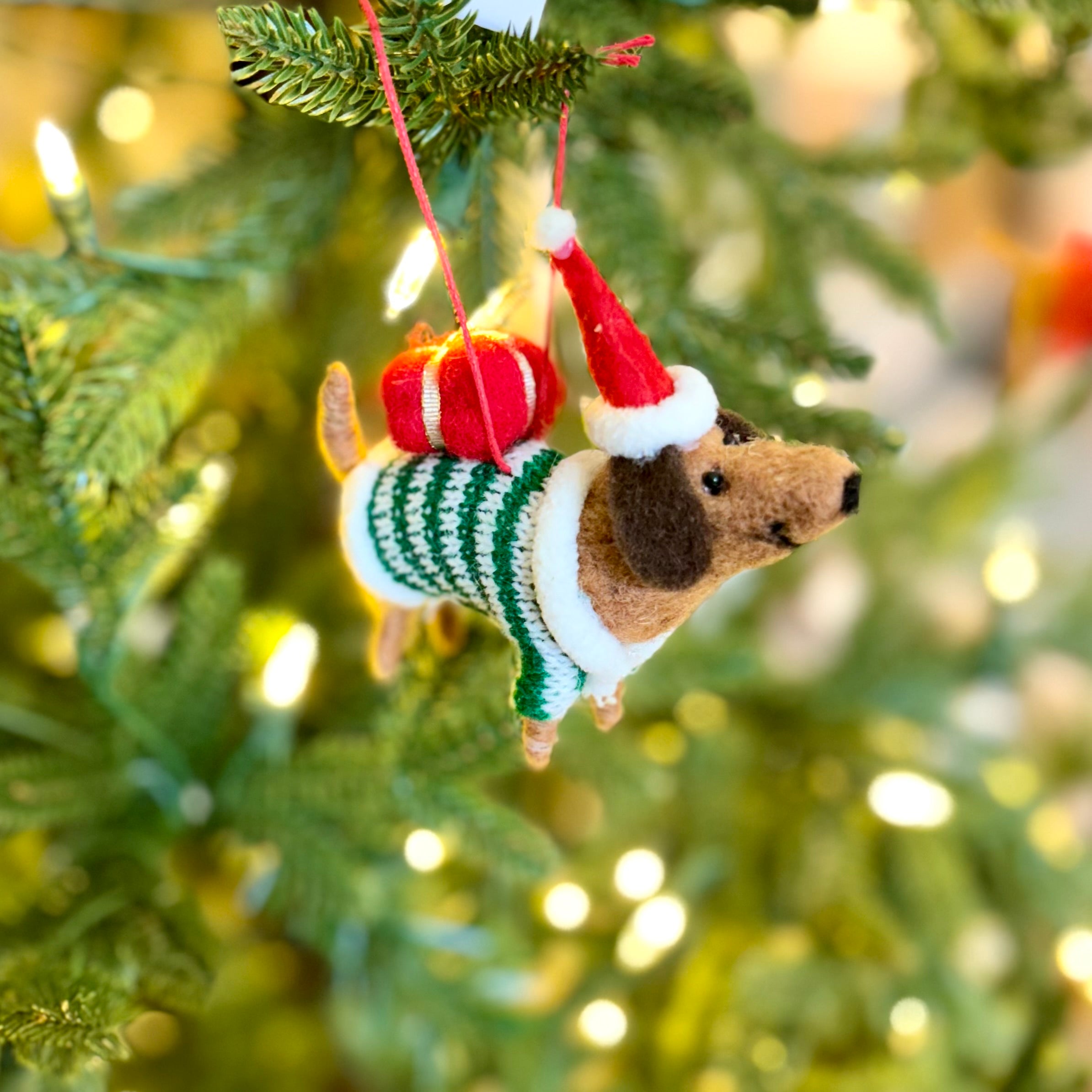 Felt Brown Dachshund with Sweater and Presents Ornament