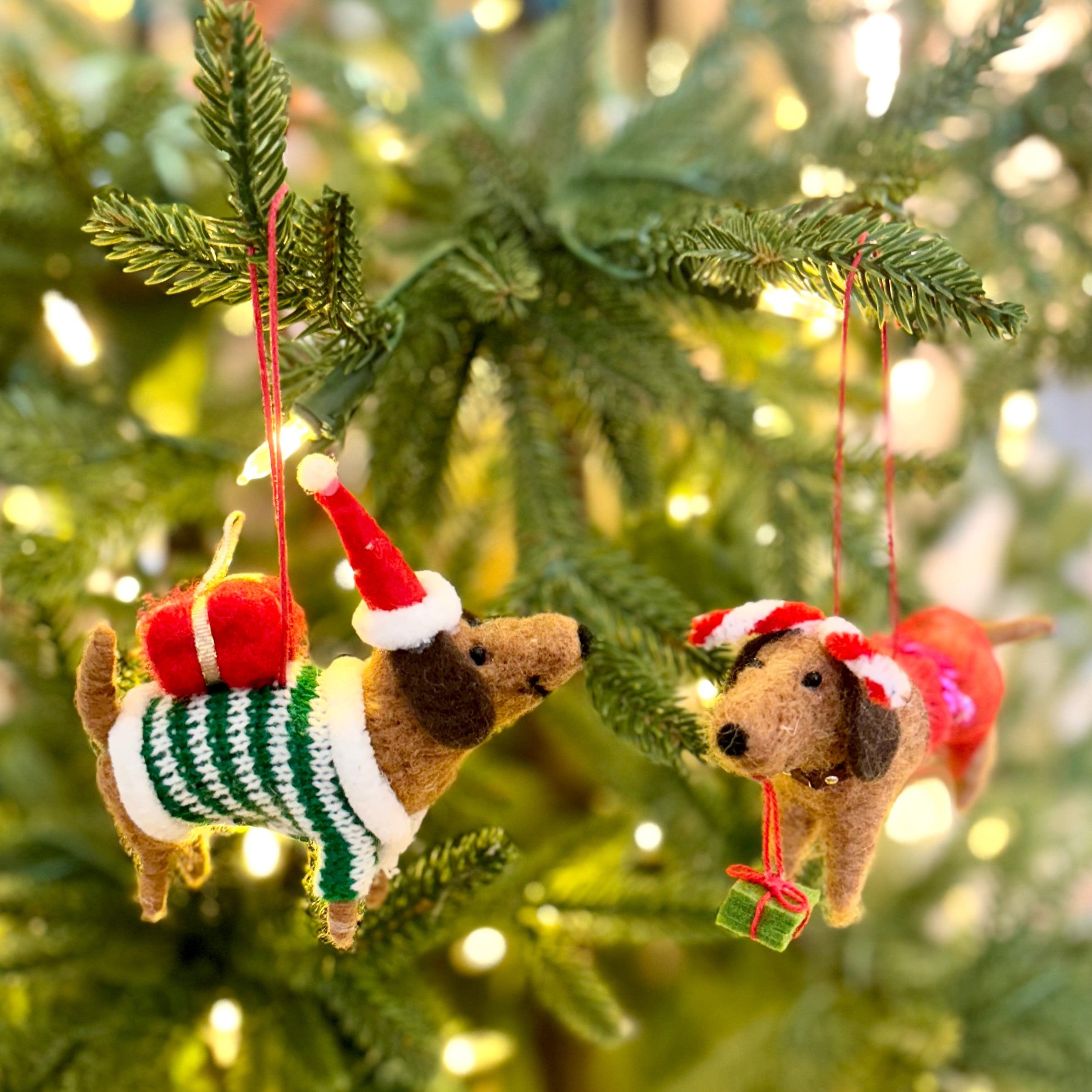 Felt Brown Dachshund with Sweater and Presents Ornament