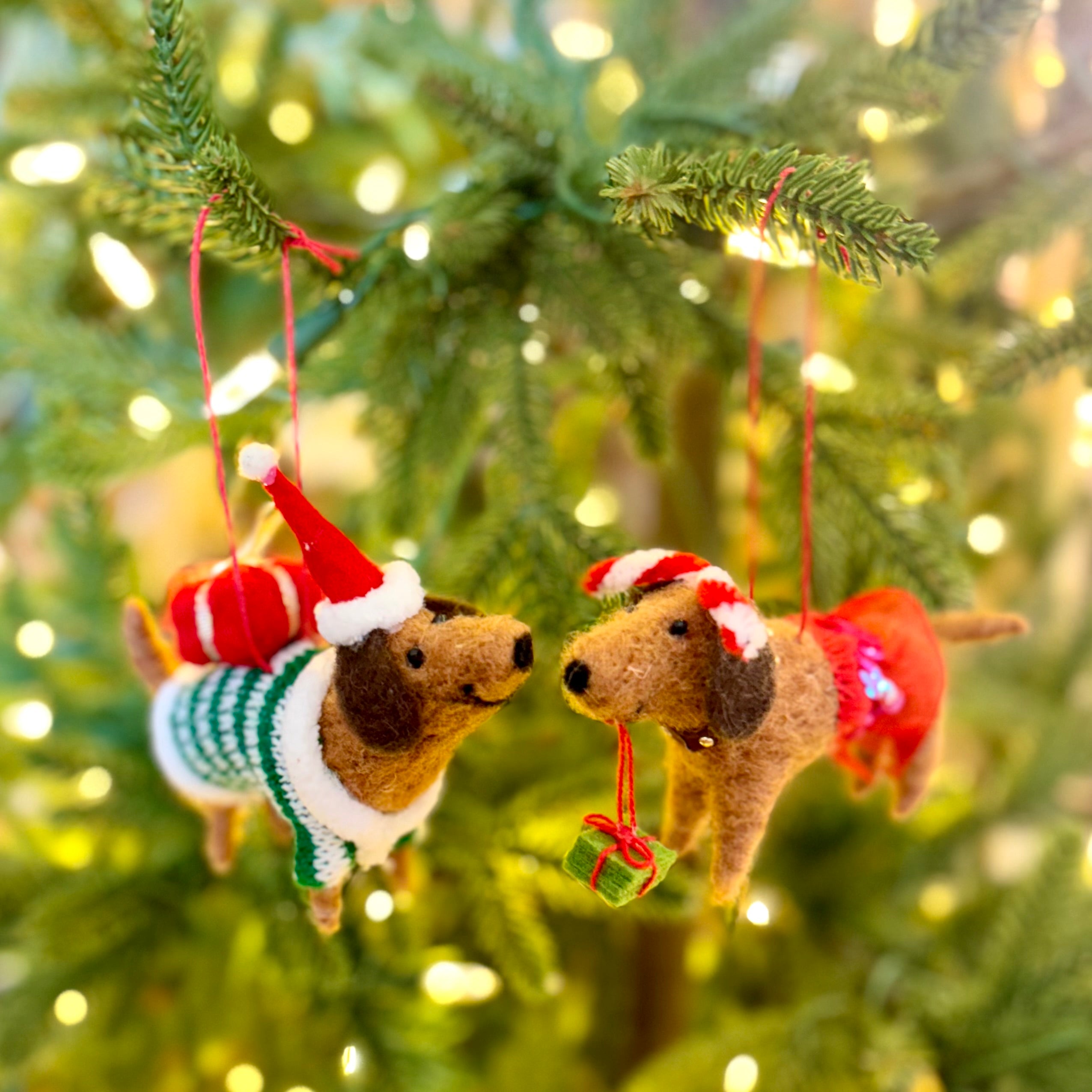 Felt Brown Dachshund with Sweater and Presents Ornament