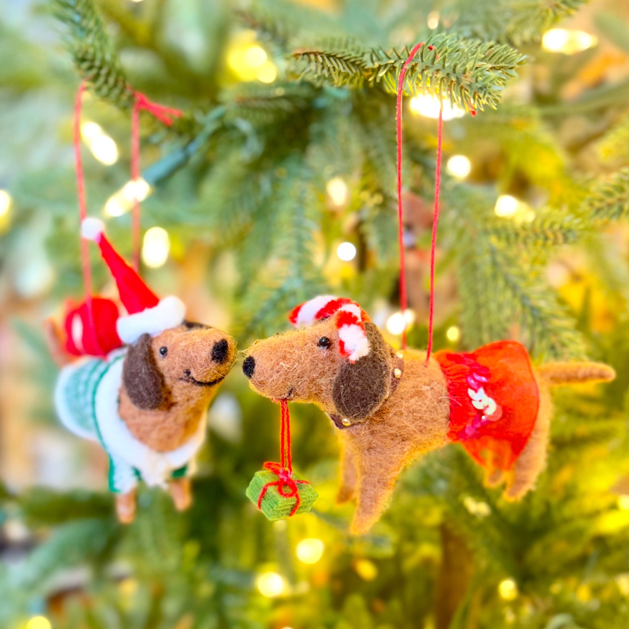 Felt Brown Dachshund with Tutu and Presents Ornament