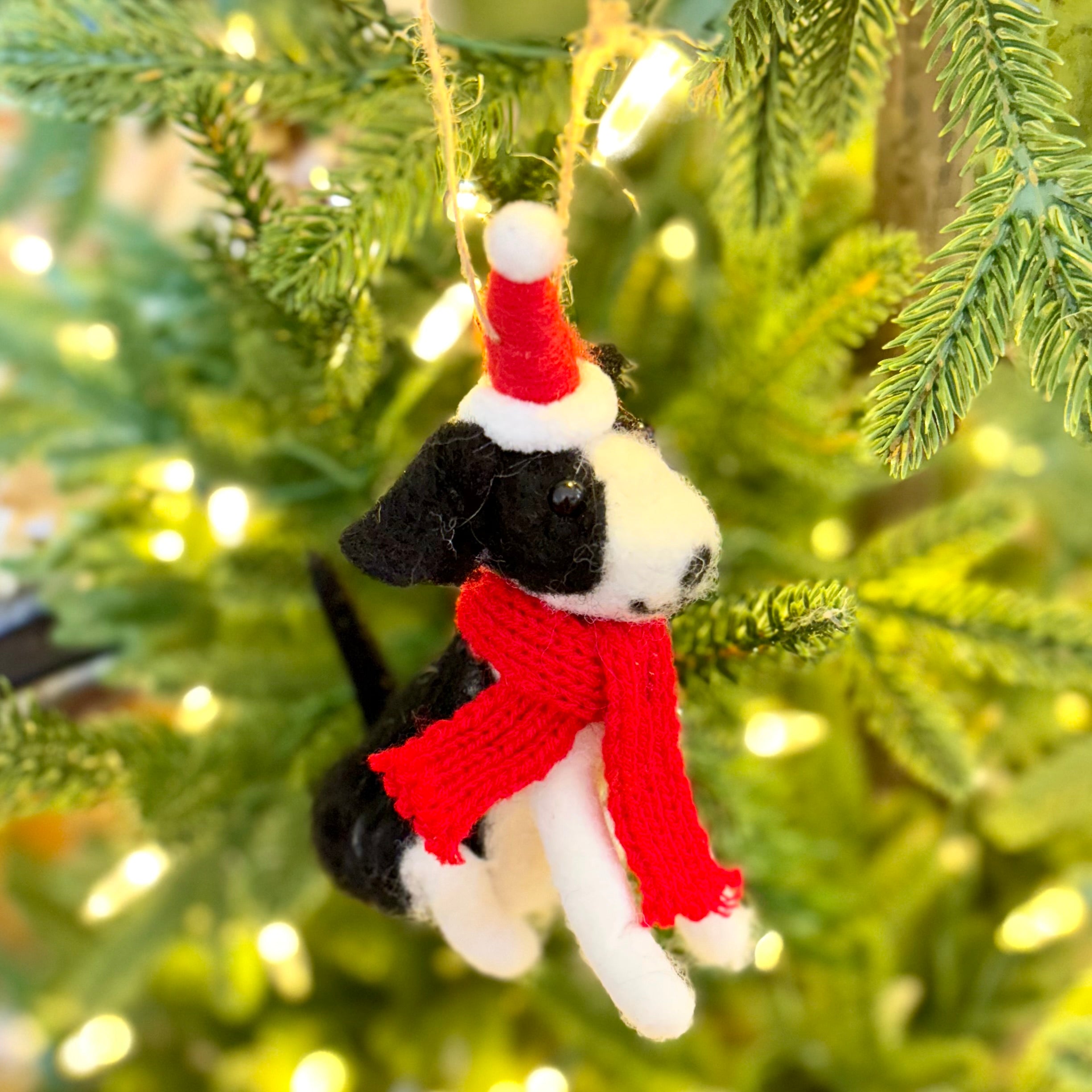 Felt Sitting Black and White Dog Ornament