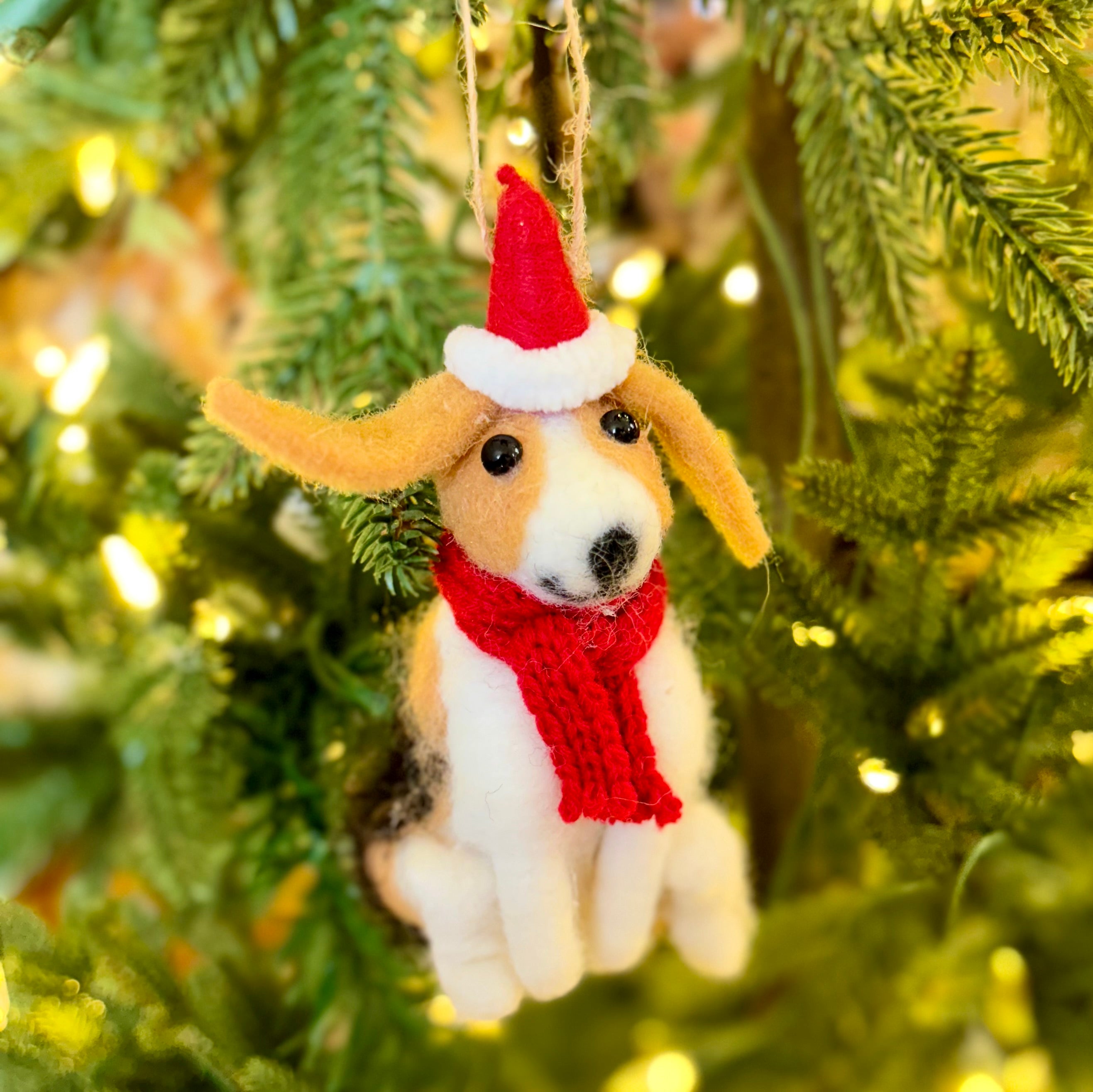 Felt Sitting Black, Tan and White Dog Ornament