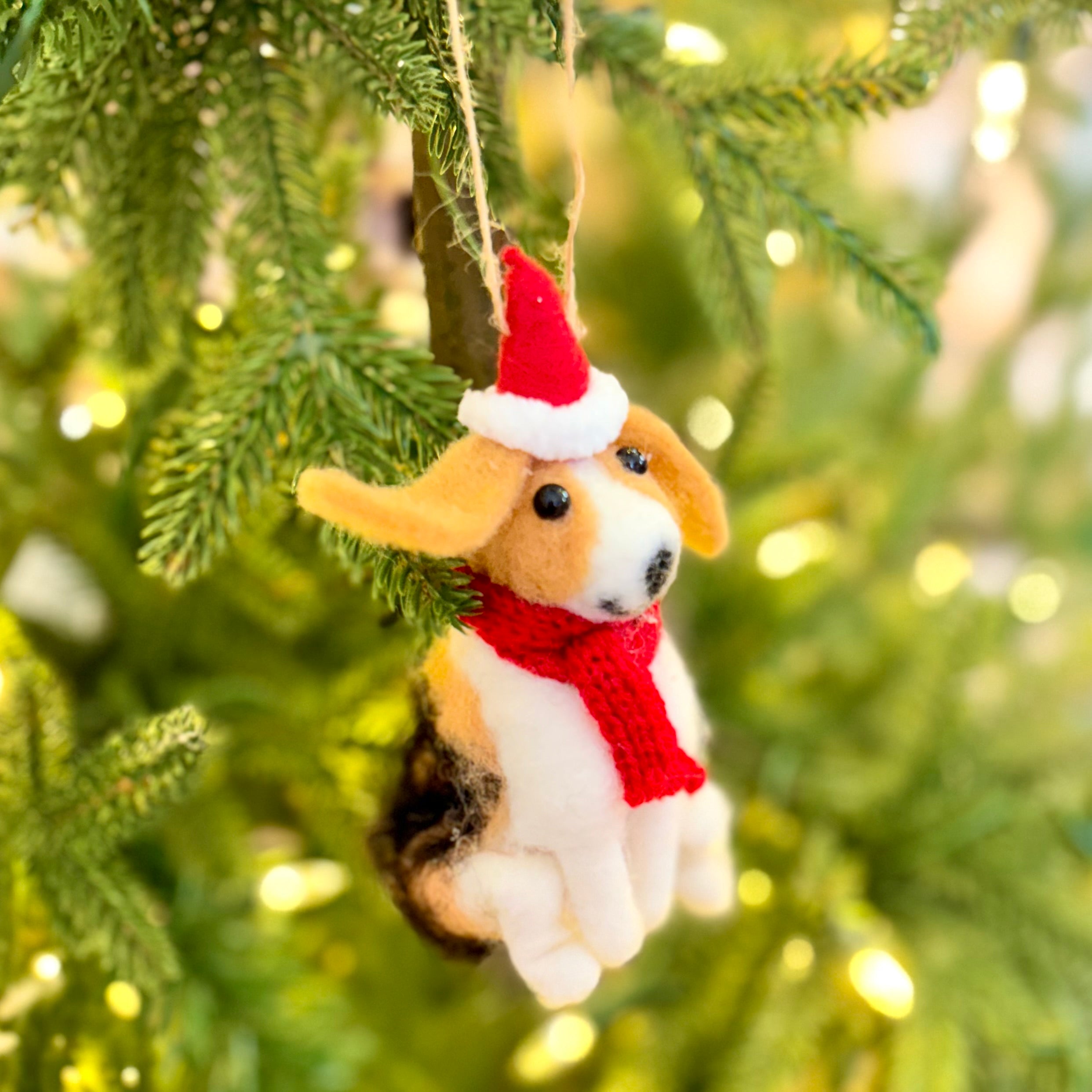 Felt Sitting Black, Tan and White Dog Ornament