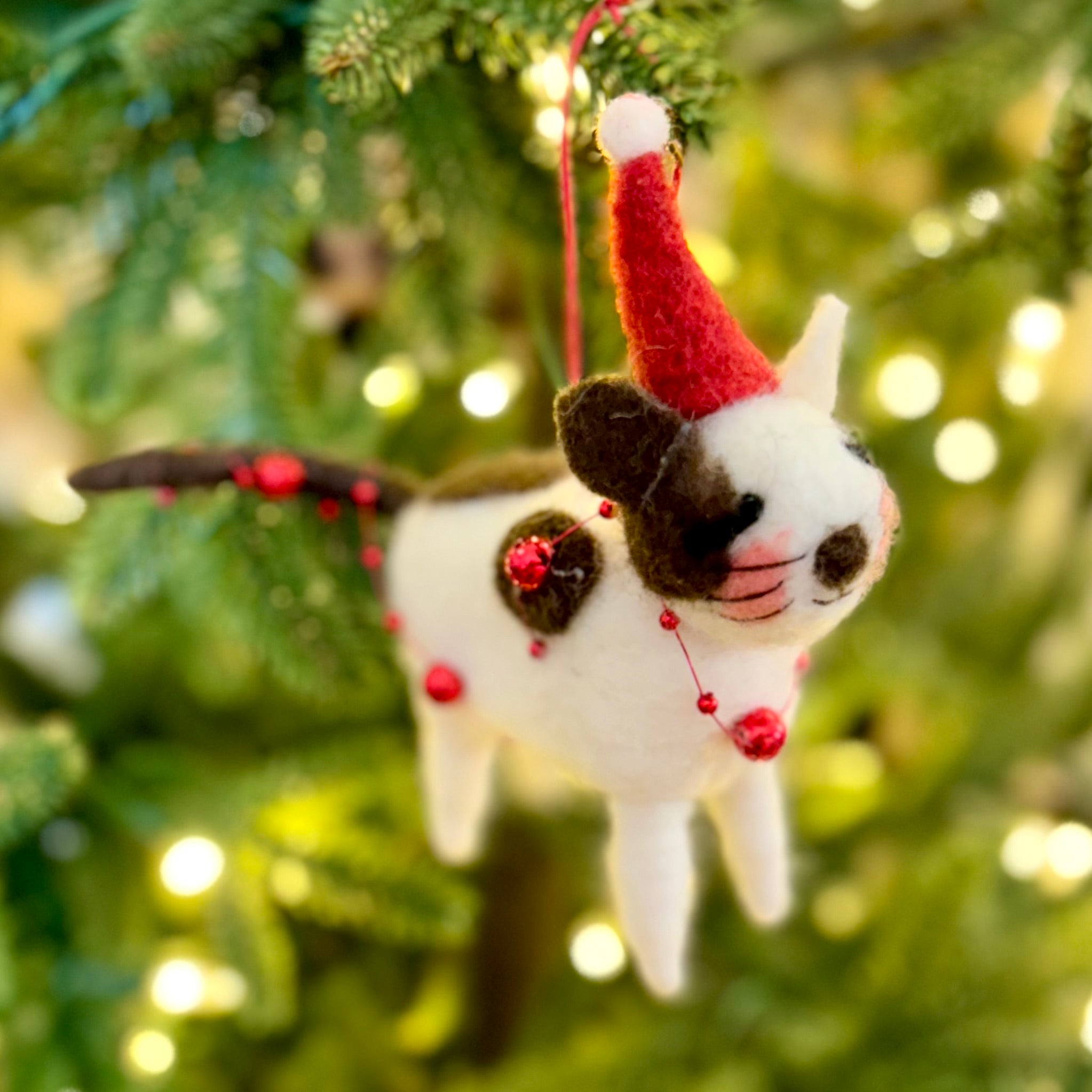 Felt Cat with Brown Spots and Red Hat and Red Garland