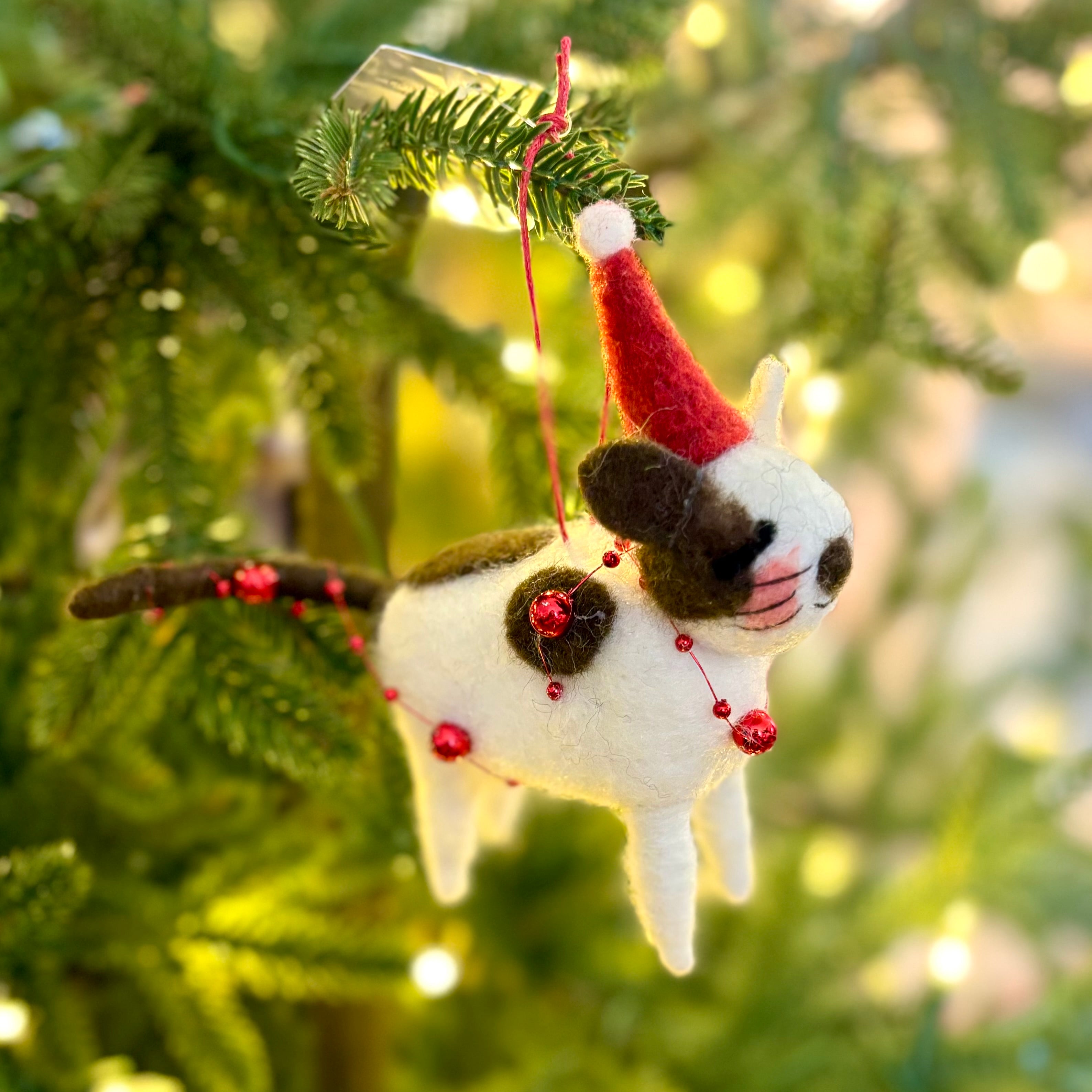 Felt Cat with Brown Spots and Red Hat and Red Garland