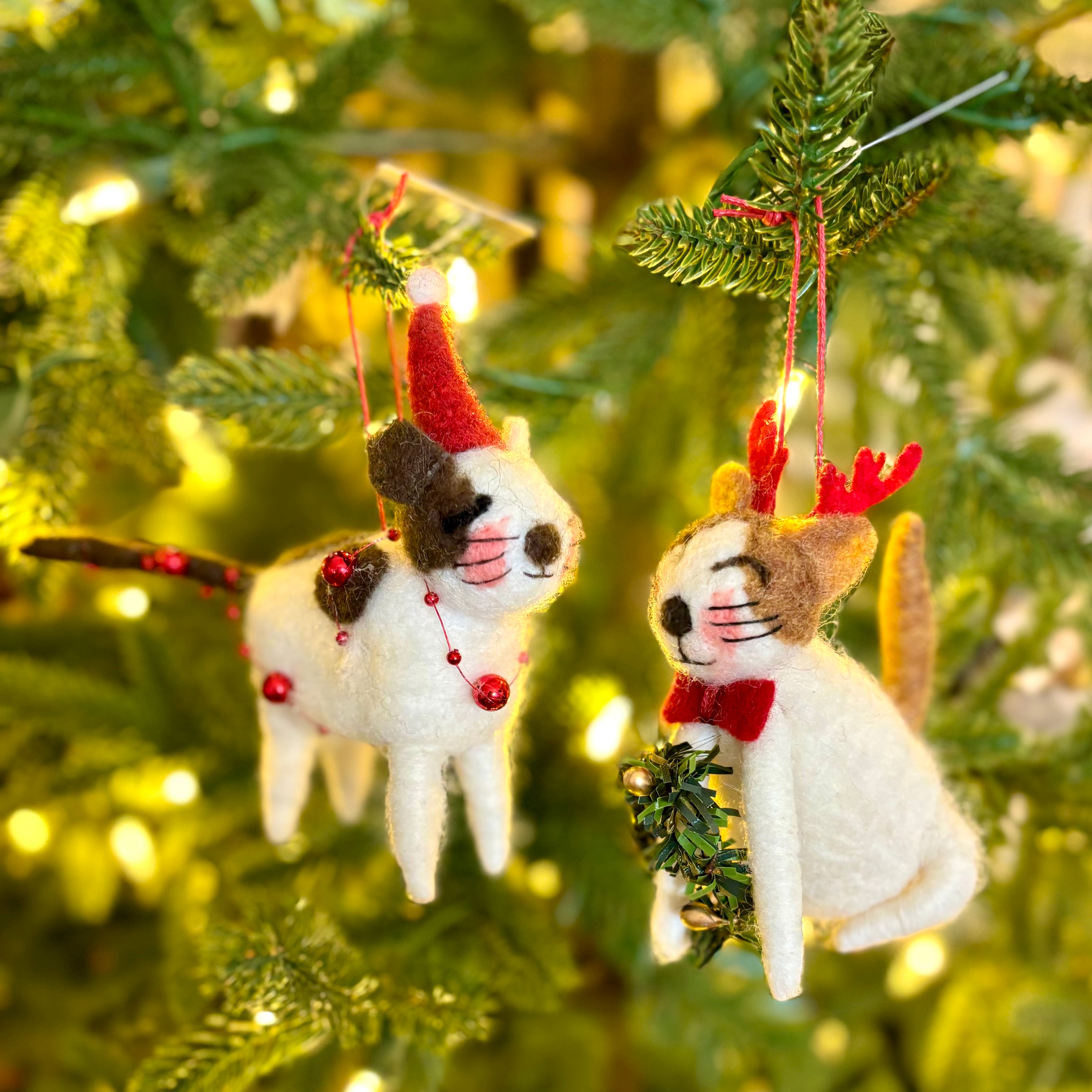 Felt Cat with Brown Spots and Red Hat and Red Garland