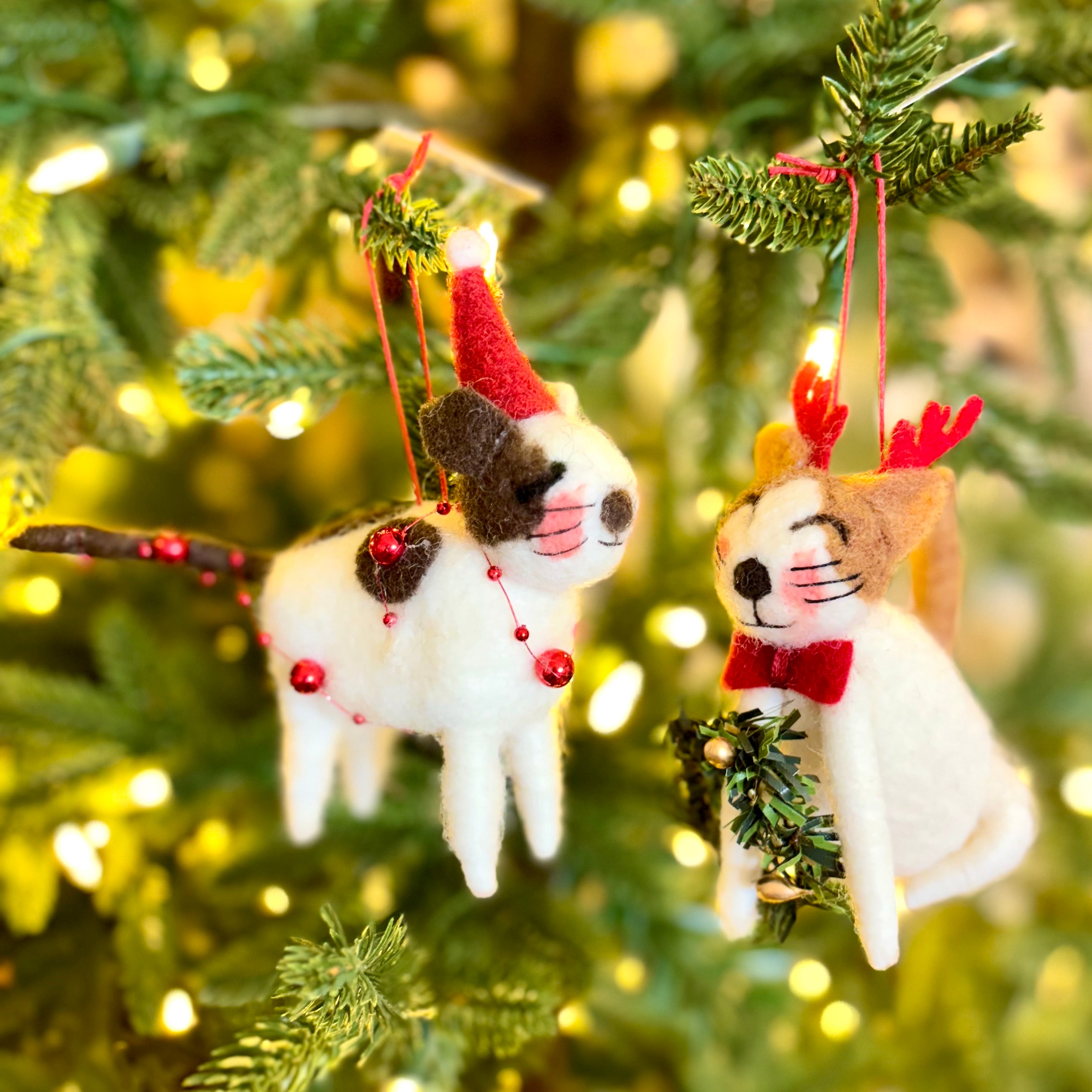 Felt Cat with Brown Spots and Red Hat and Red Garland