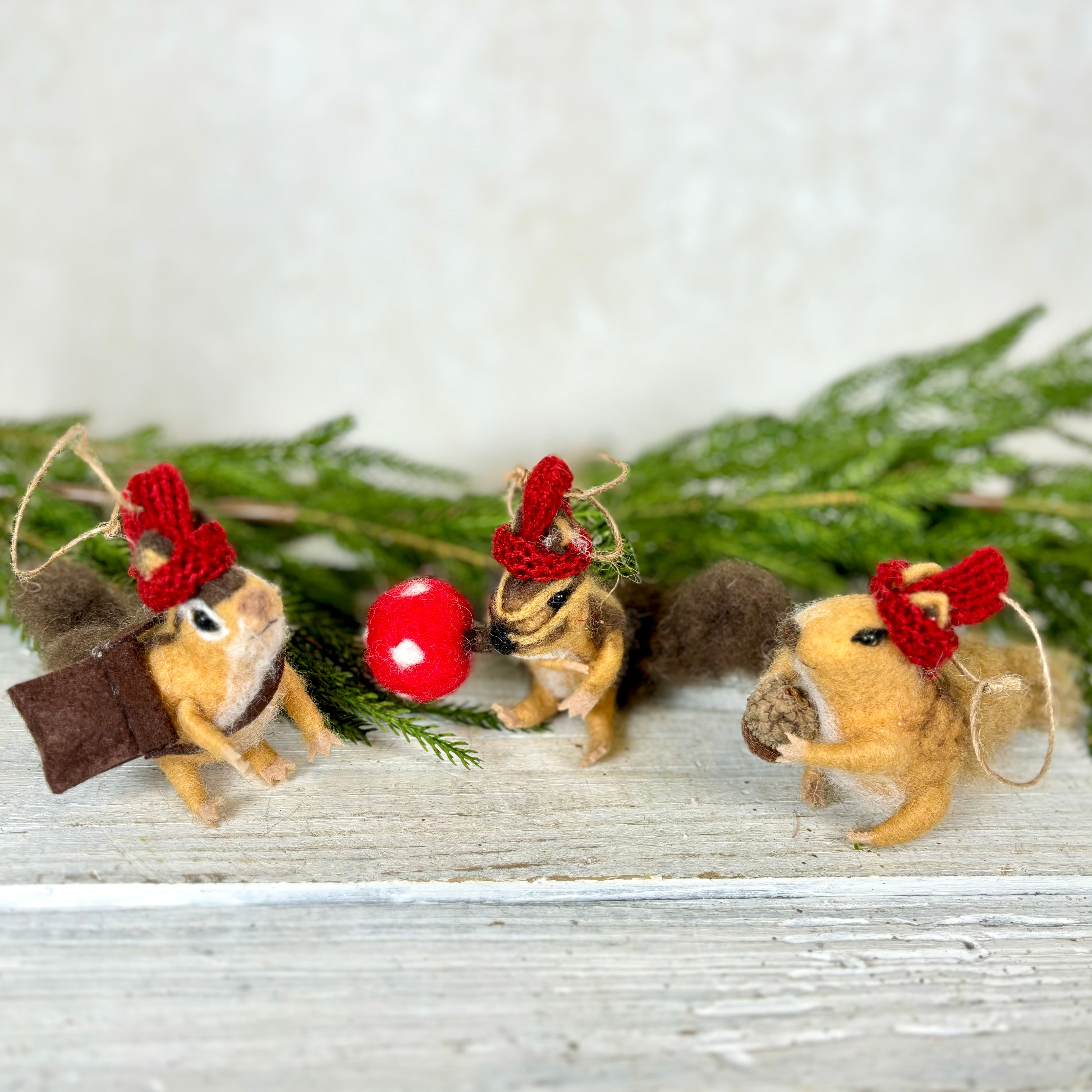 Wool Felt Holiday Squirrel With Mushroom