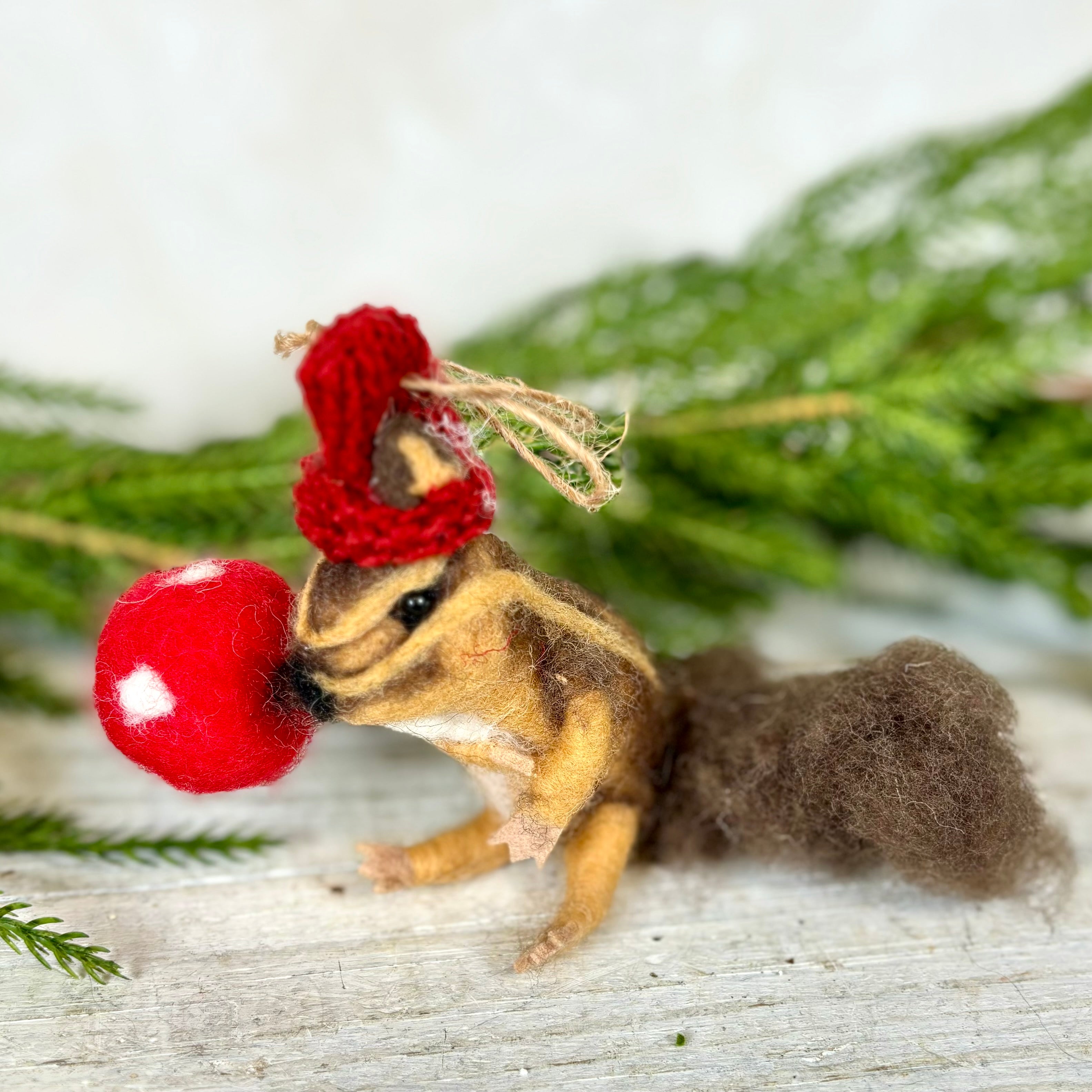 Wool Felt Holiday Squirrel With Mushroom