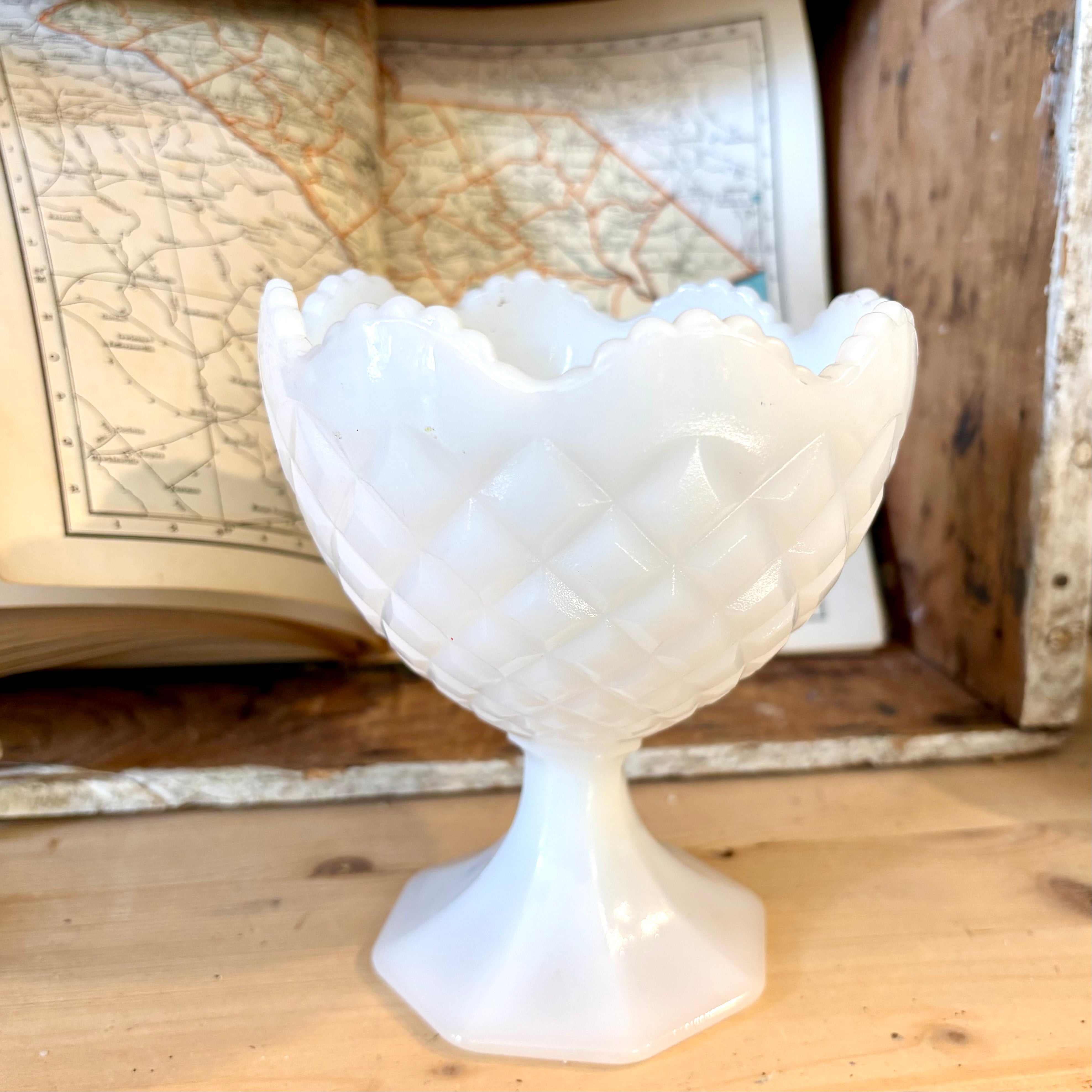 Vintage Napco Scalloped Quilted Milk Glass Pedestal Compote