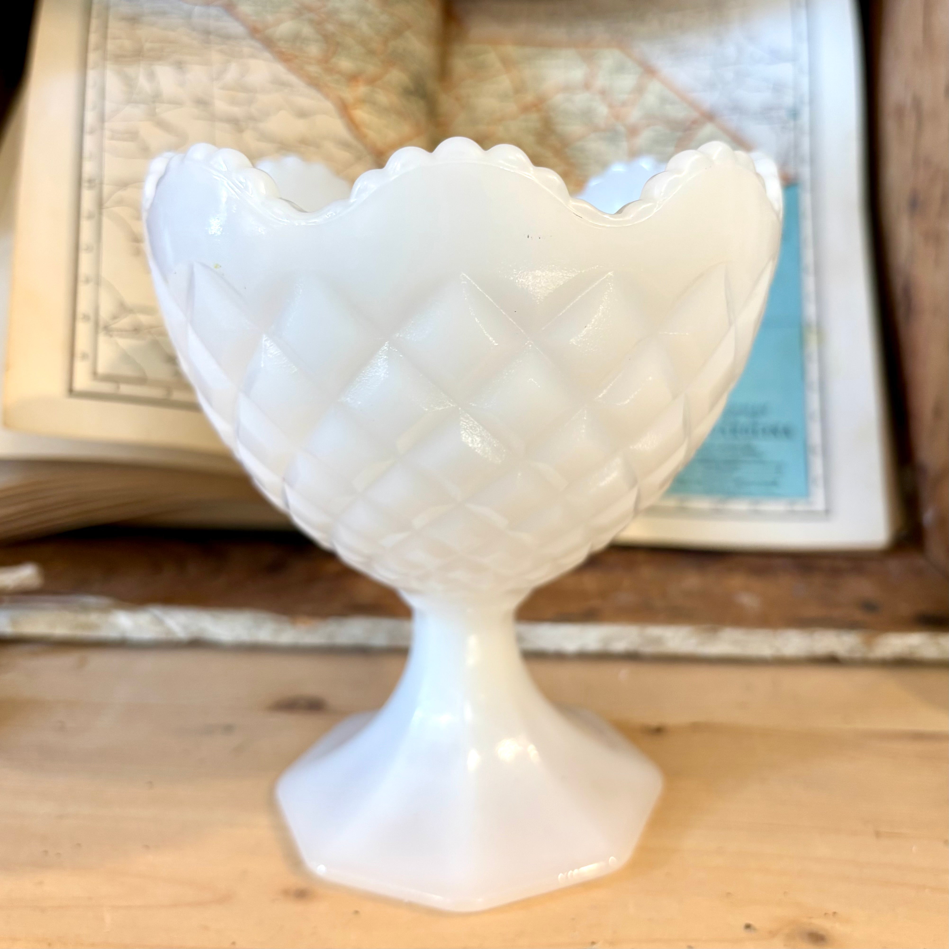 Vintage Napco Scalloped Quilted Milk Glass Pedestal Compote