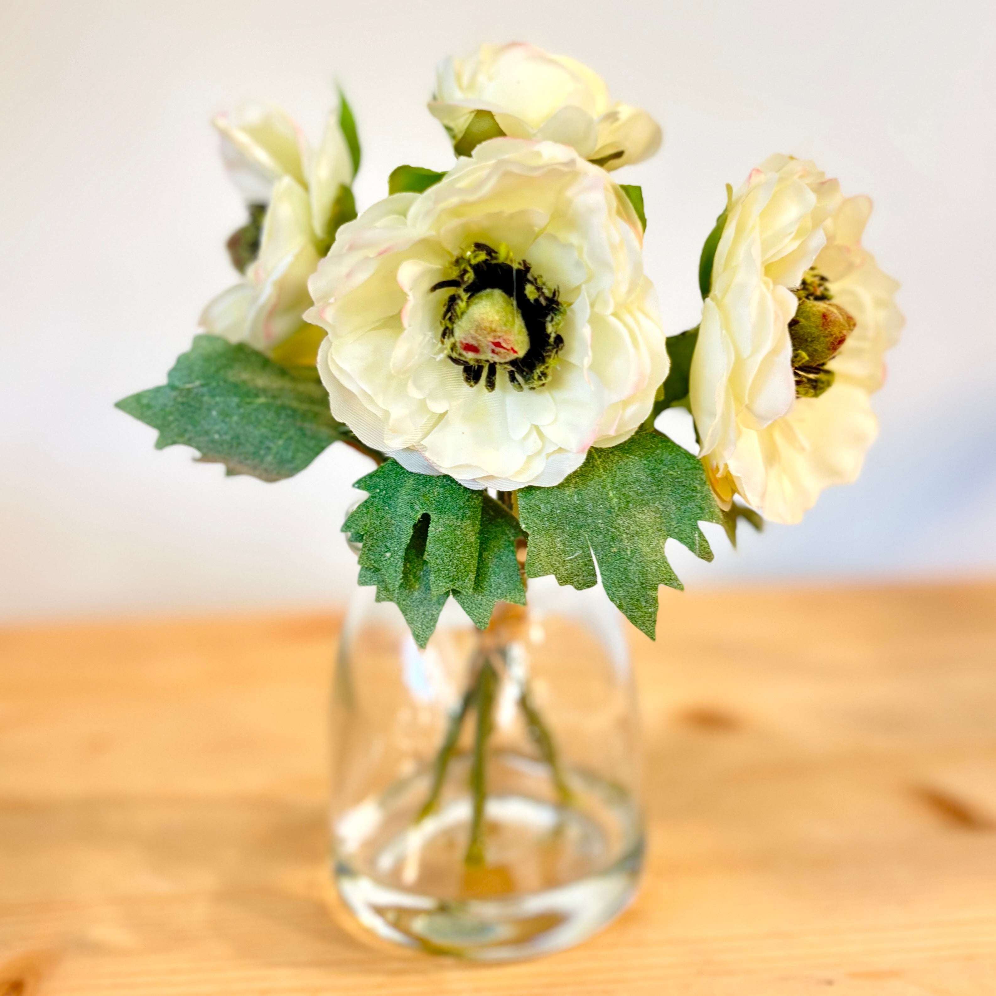 White Ranunculus Bouquet in Glass Vase with Faux Water