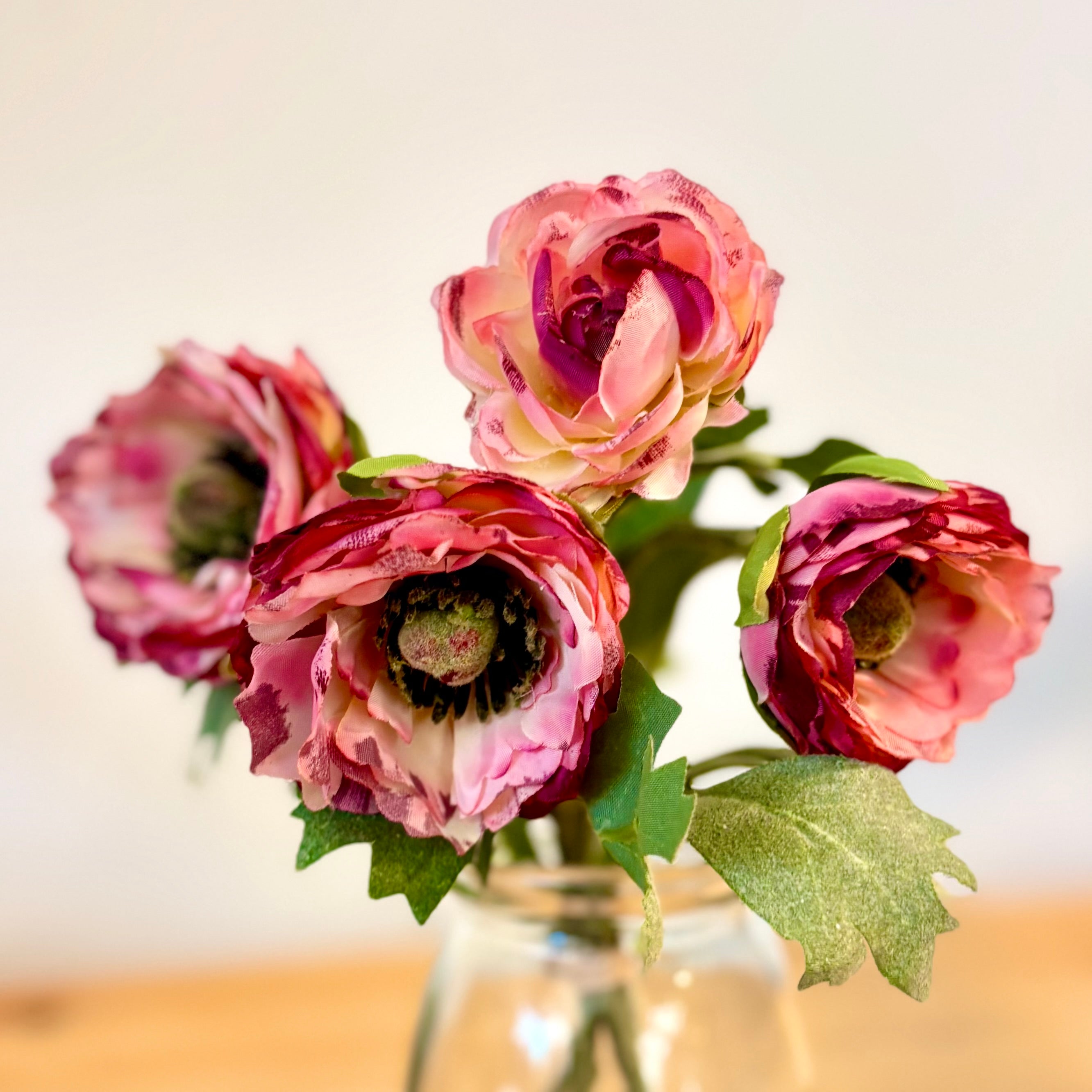 Pink Ranunculus Bouquet in Glass Vase with Faux Water