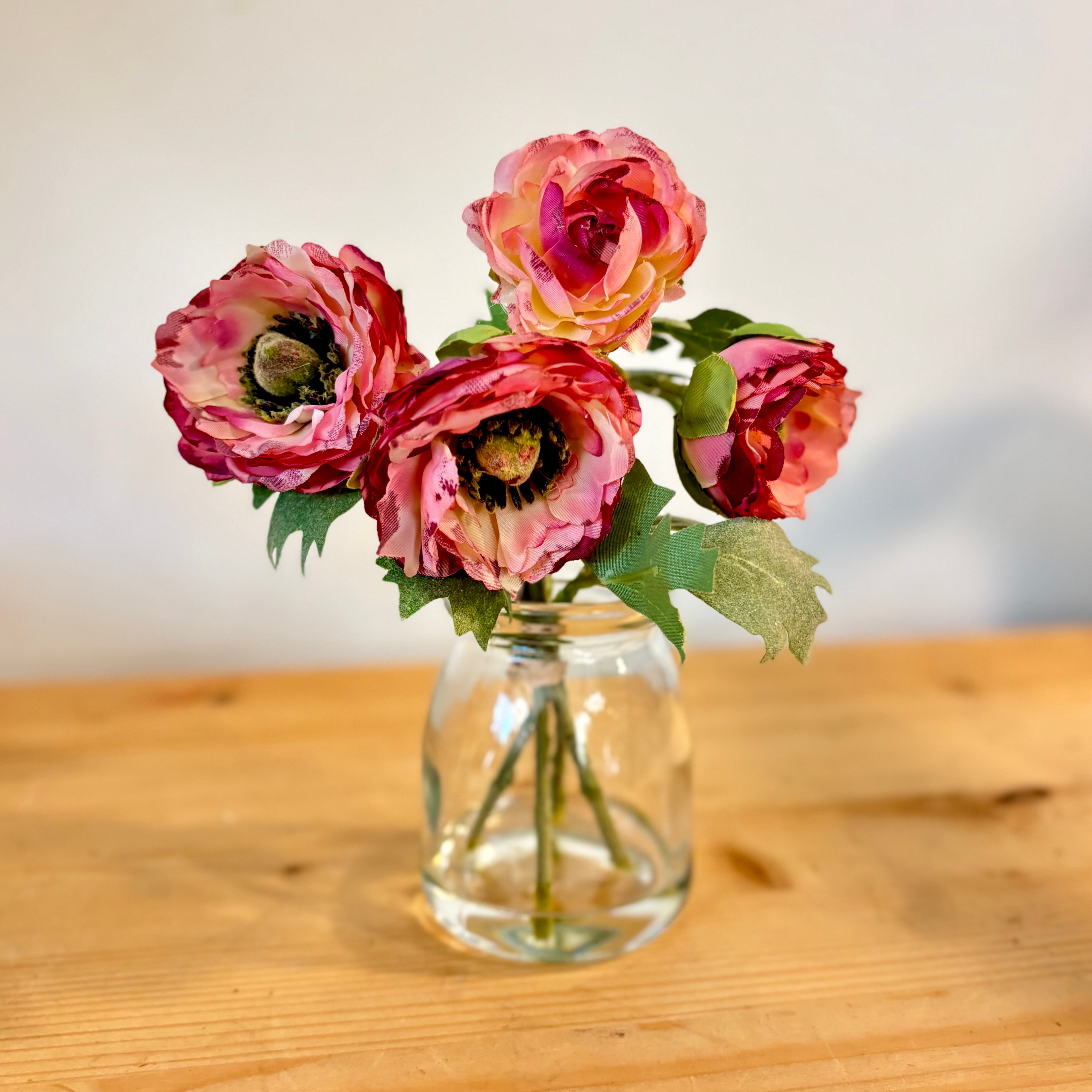 Pink Ranunculus Bouquet in Glass Vase with Faux Water