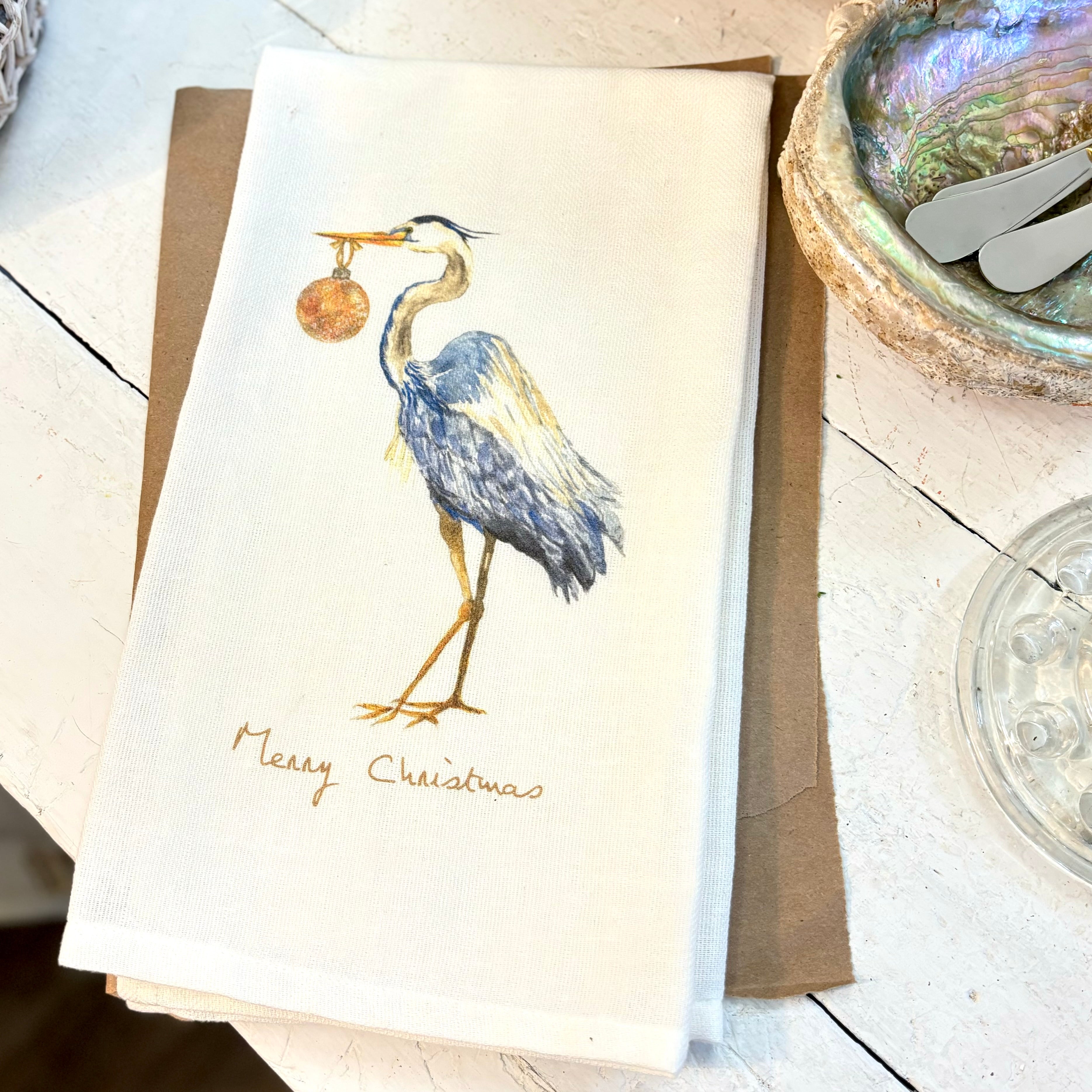 Christmas Blue Heron Tea Towel