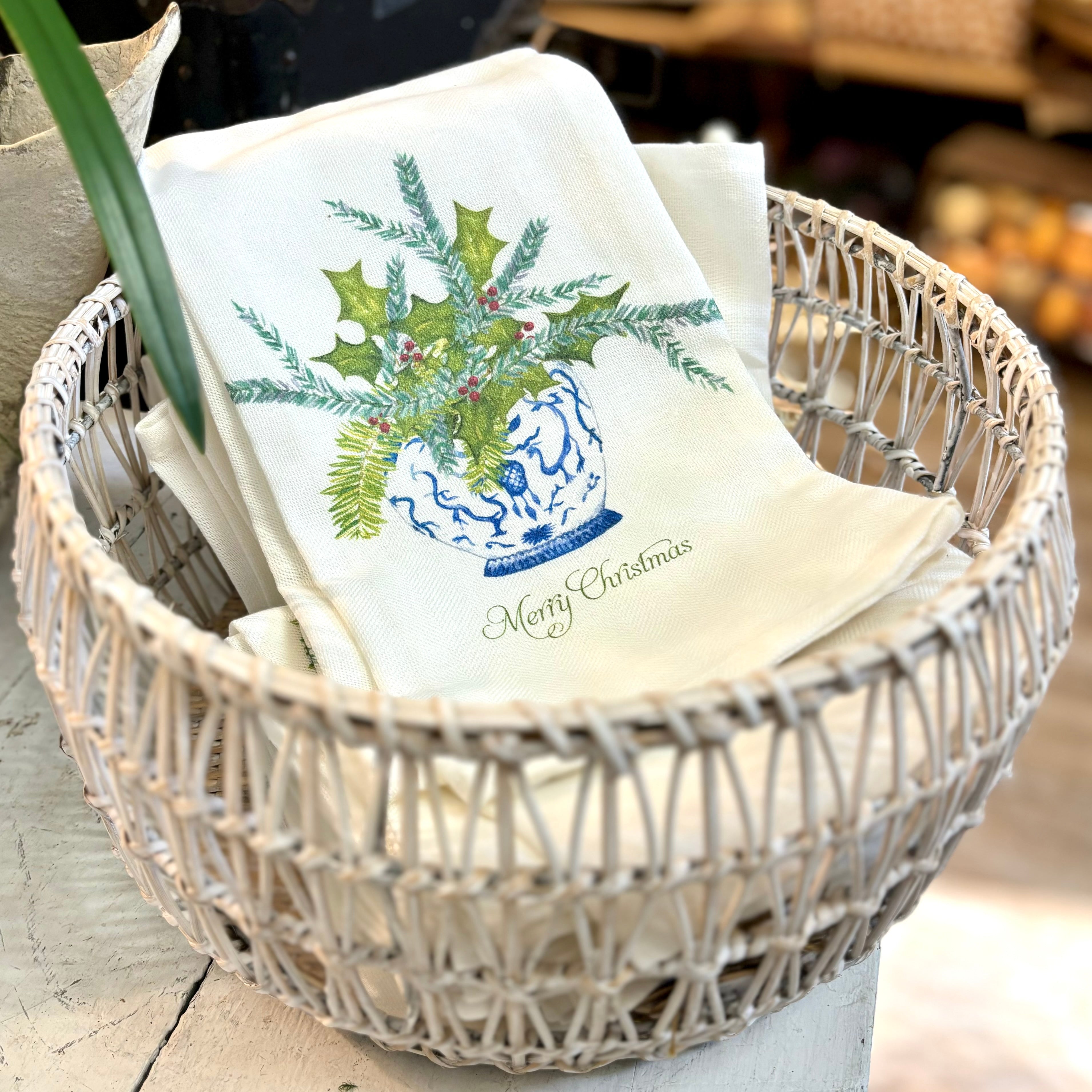 Ginger Jar with Greens and Merry Christmas Tea Towel