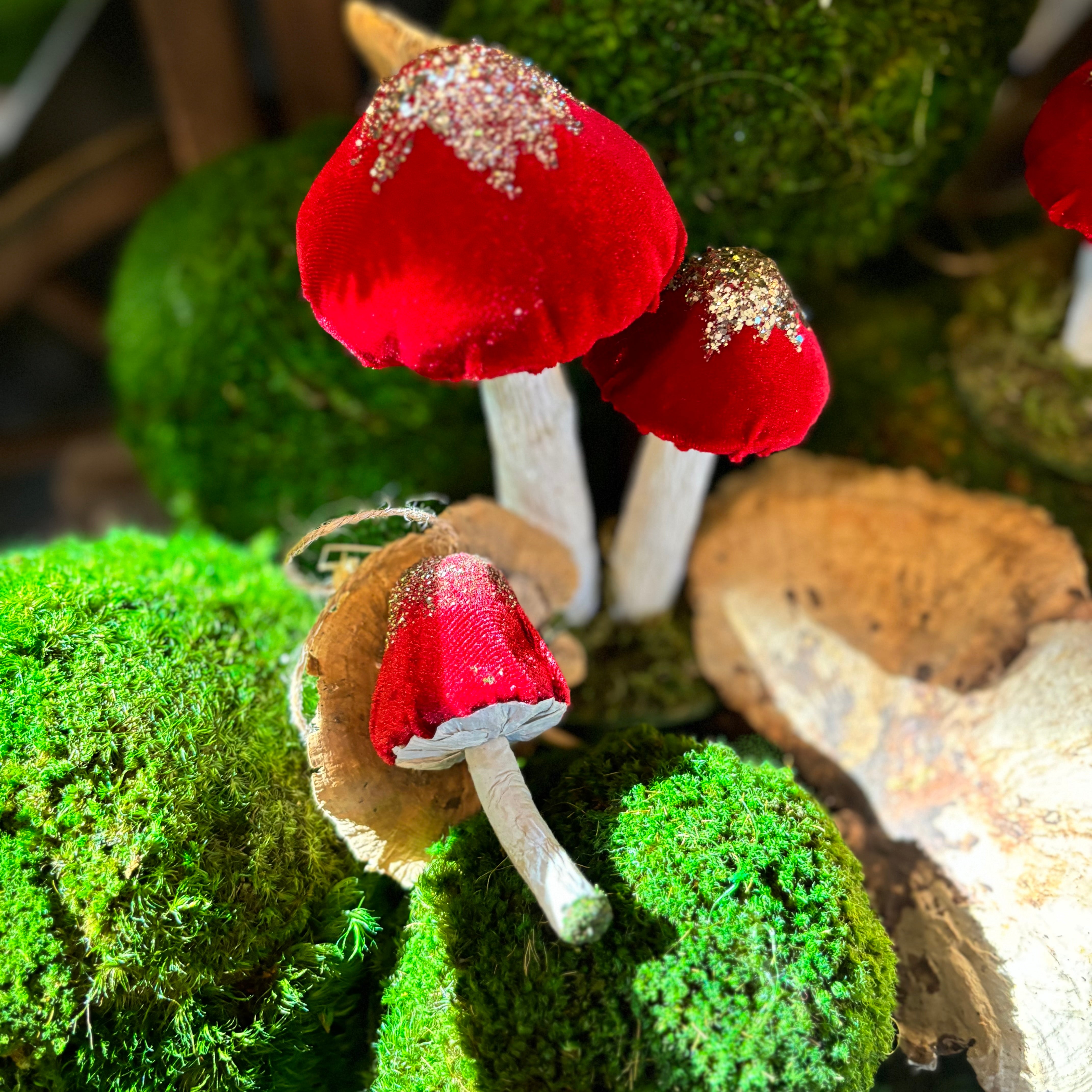 Red Velvet with Glitter Mushroom Cap on Paper Stem Ornament