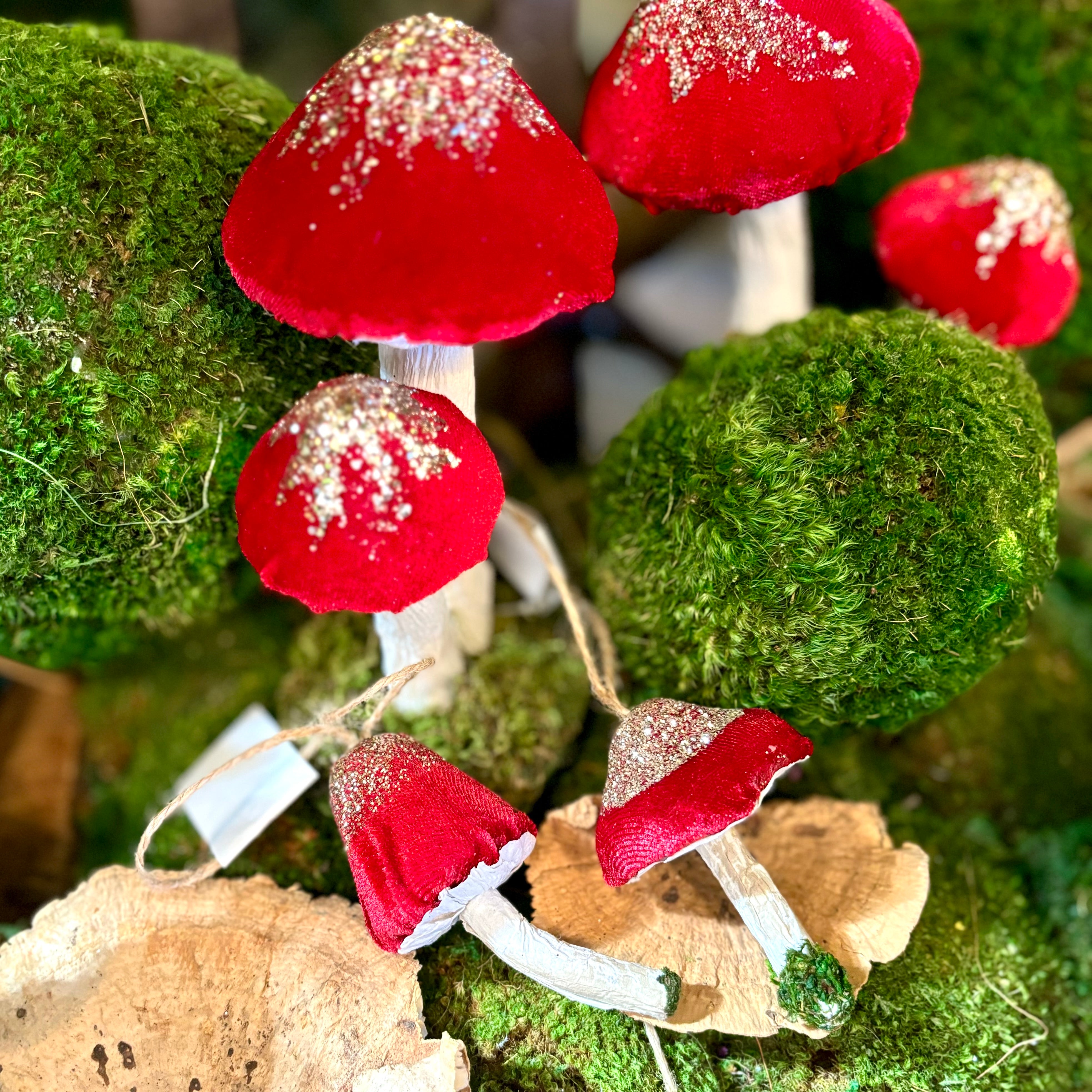 Red Velvet with Glitter Mushroom Cap on Paper Stem Ornament