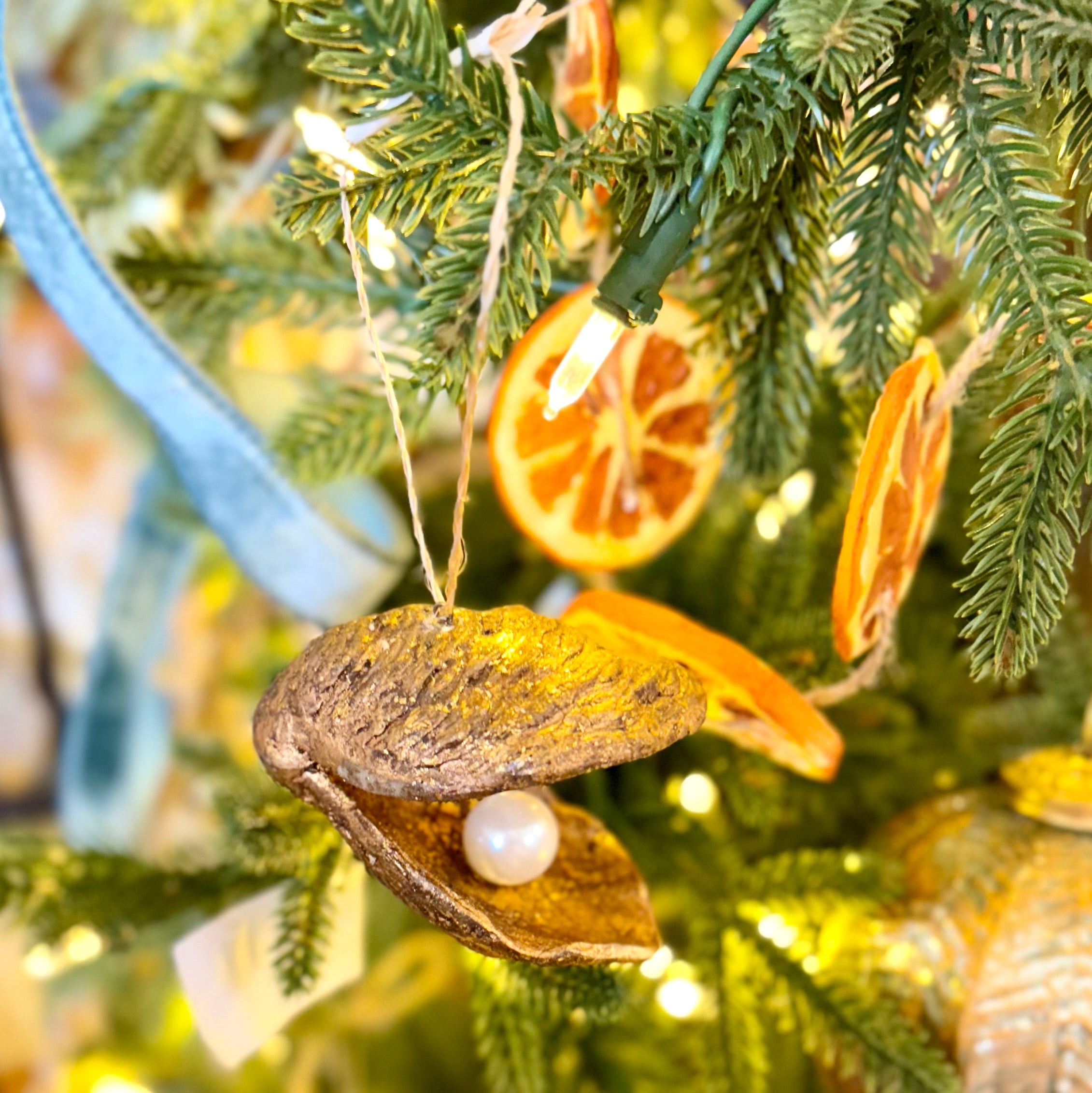 Gold Oyster Shell with Pearl Paper Mache Ornament