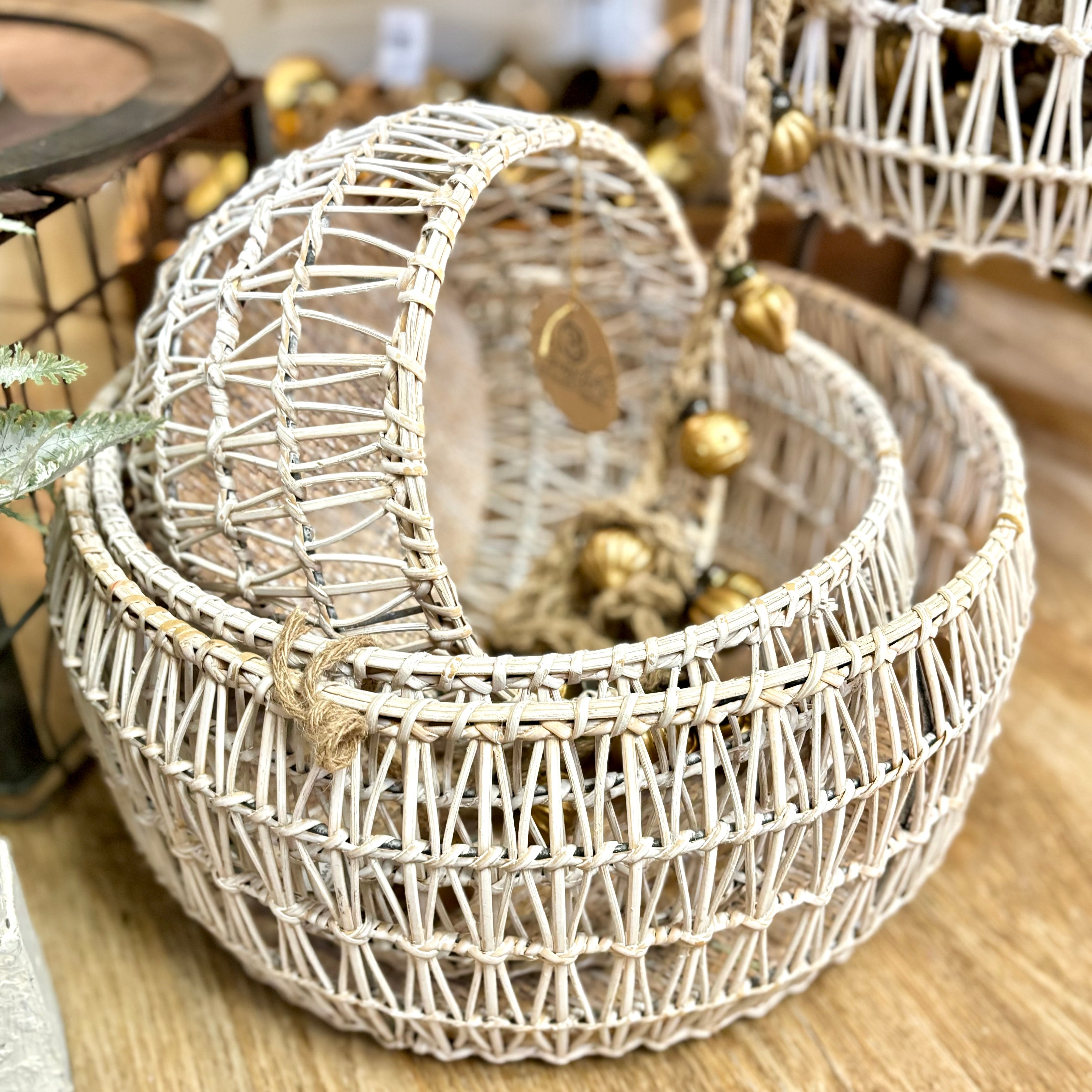 White Rattan Round Nesting Basket Small