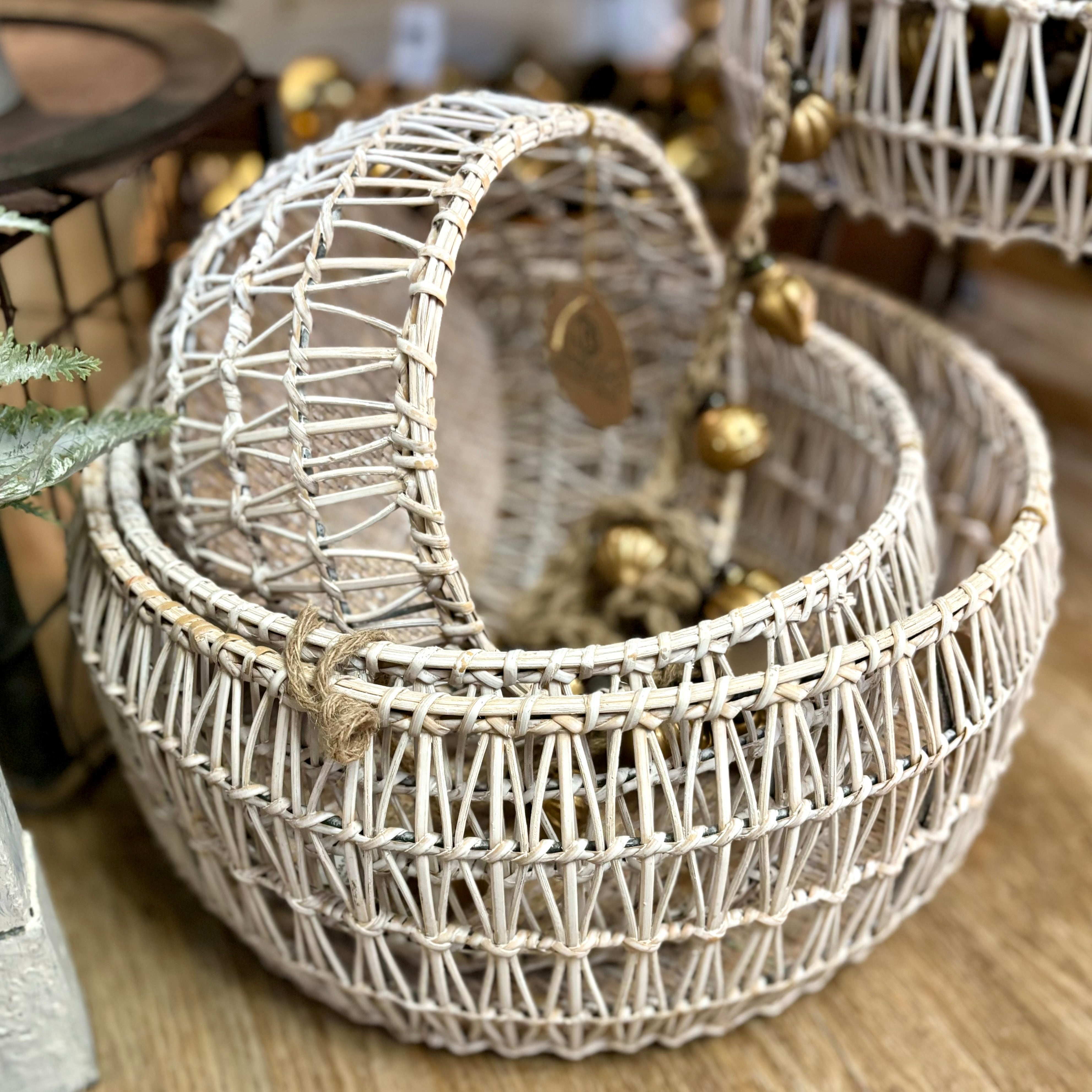 White Rattan Round Nesting Basket Large