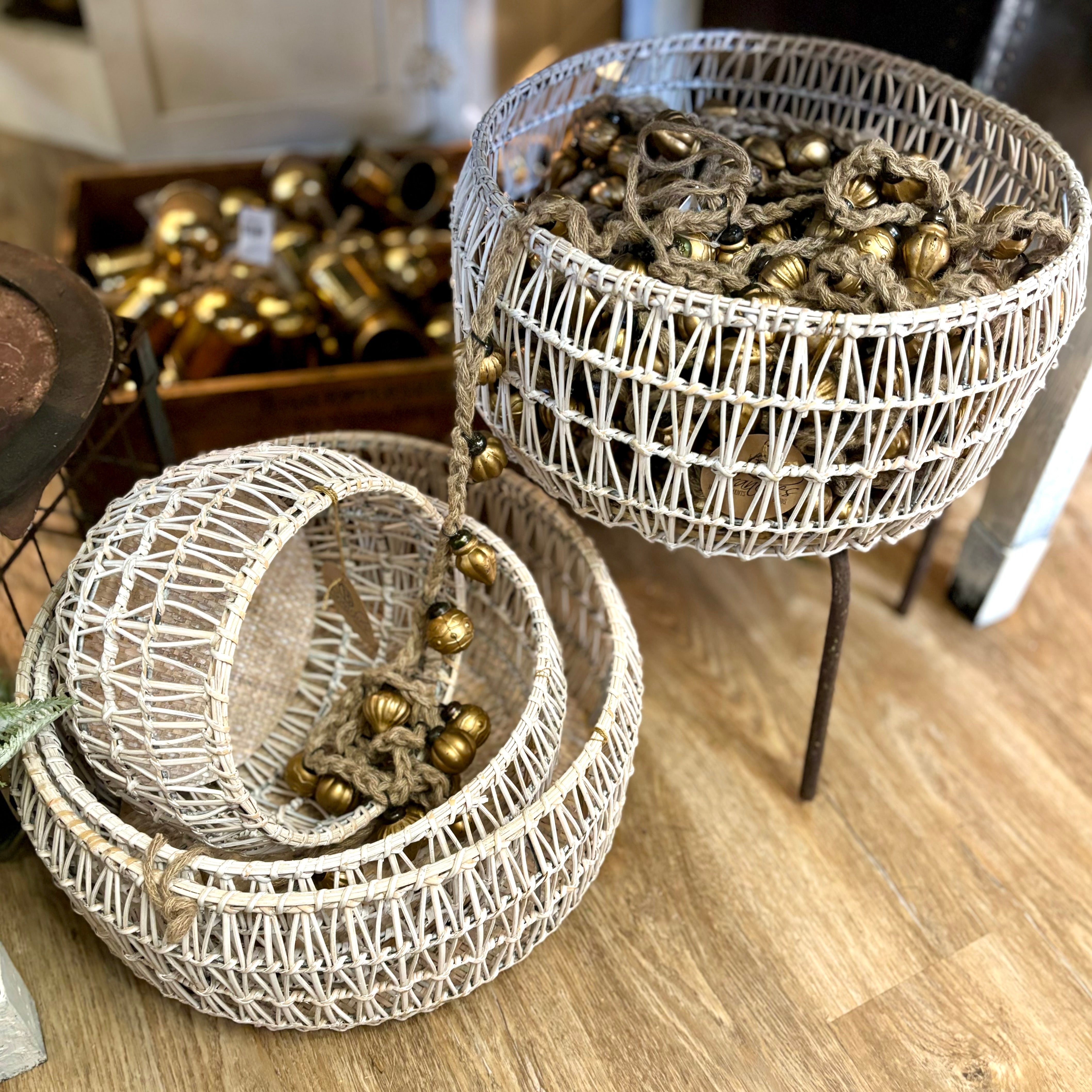 White Rattan Round Nesting Basket Large